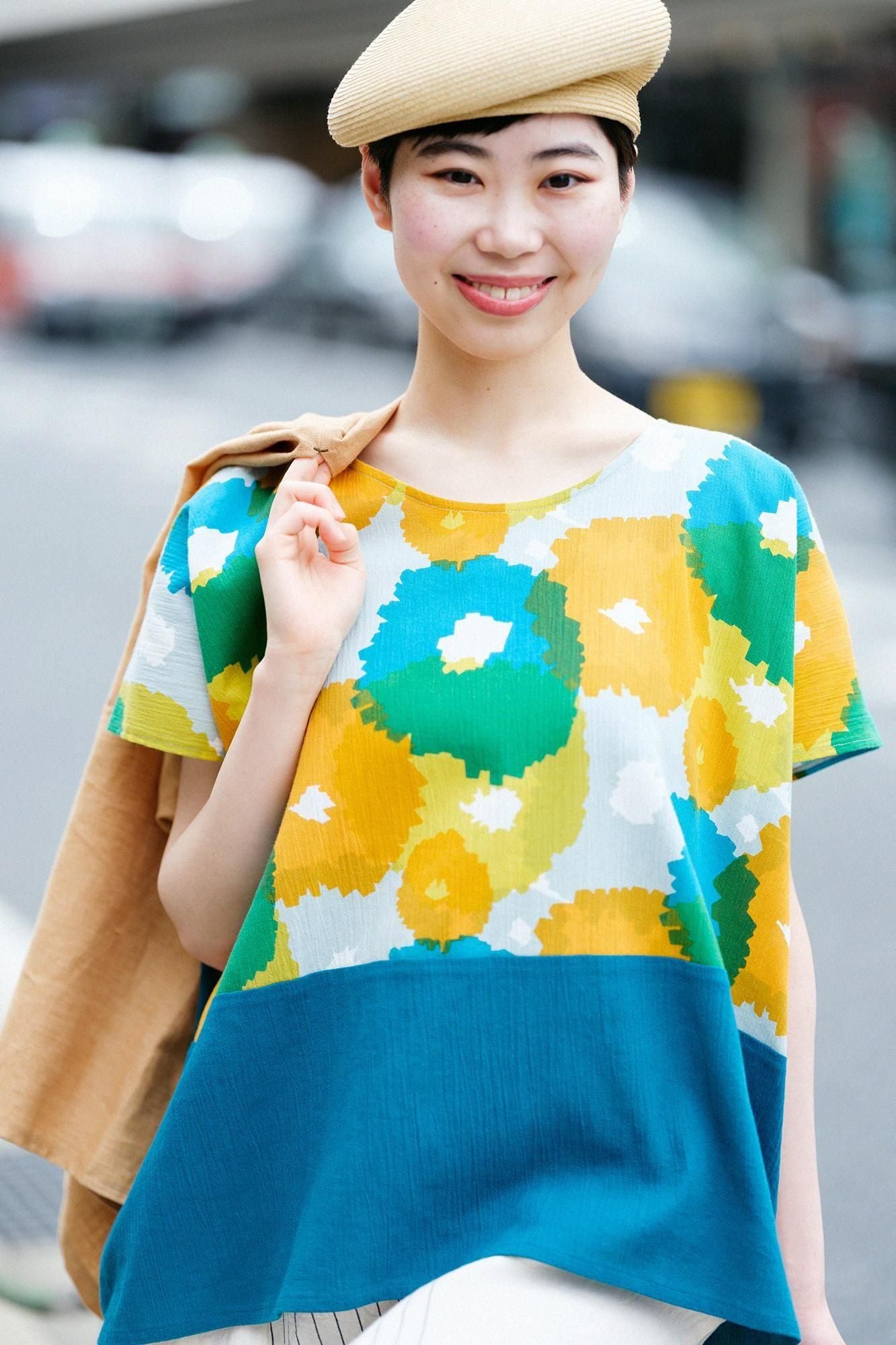 Chizimi Cotton 20/20 Square Top Bi-color Pattern on Shoulder / Full Bloom × Marine Green