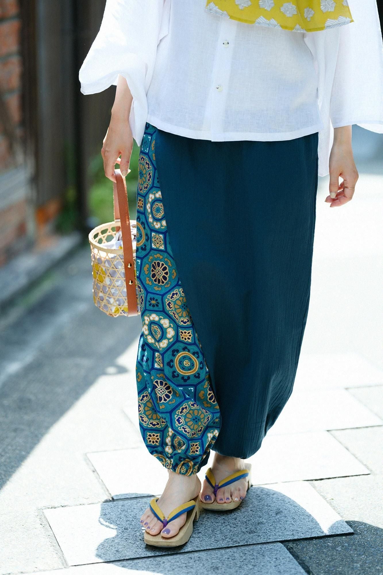 高島縮棉 20/20手柄寛衣下 和裝褲雙色/藍綠色×華麗 碧玉色2