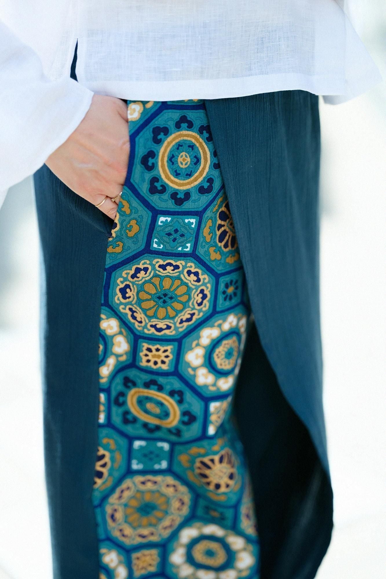 高島縮棉 20/20手柄寛衣下 和裝褲雙色/藍綠色×華麗 碧玉色2