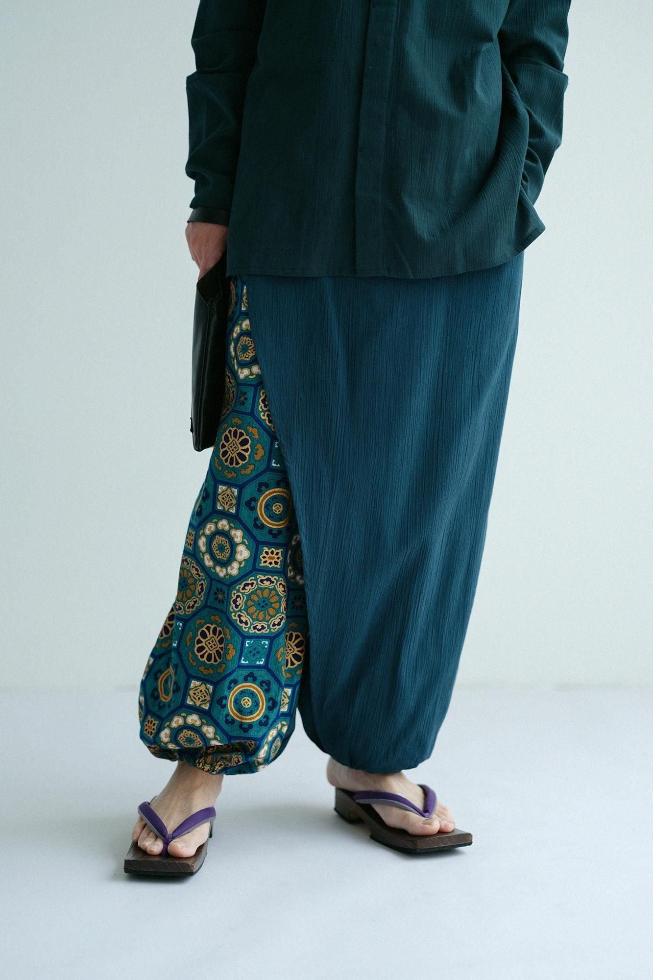 高島縮棉 20/20手柄寛衣下 和裝褲雙色/藍綠色×華麗 碧玉色2