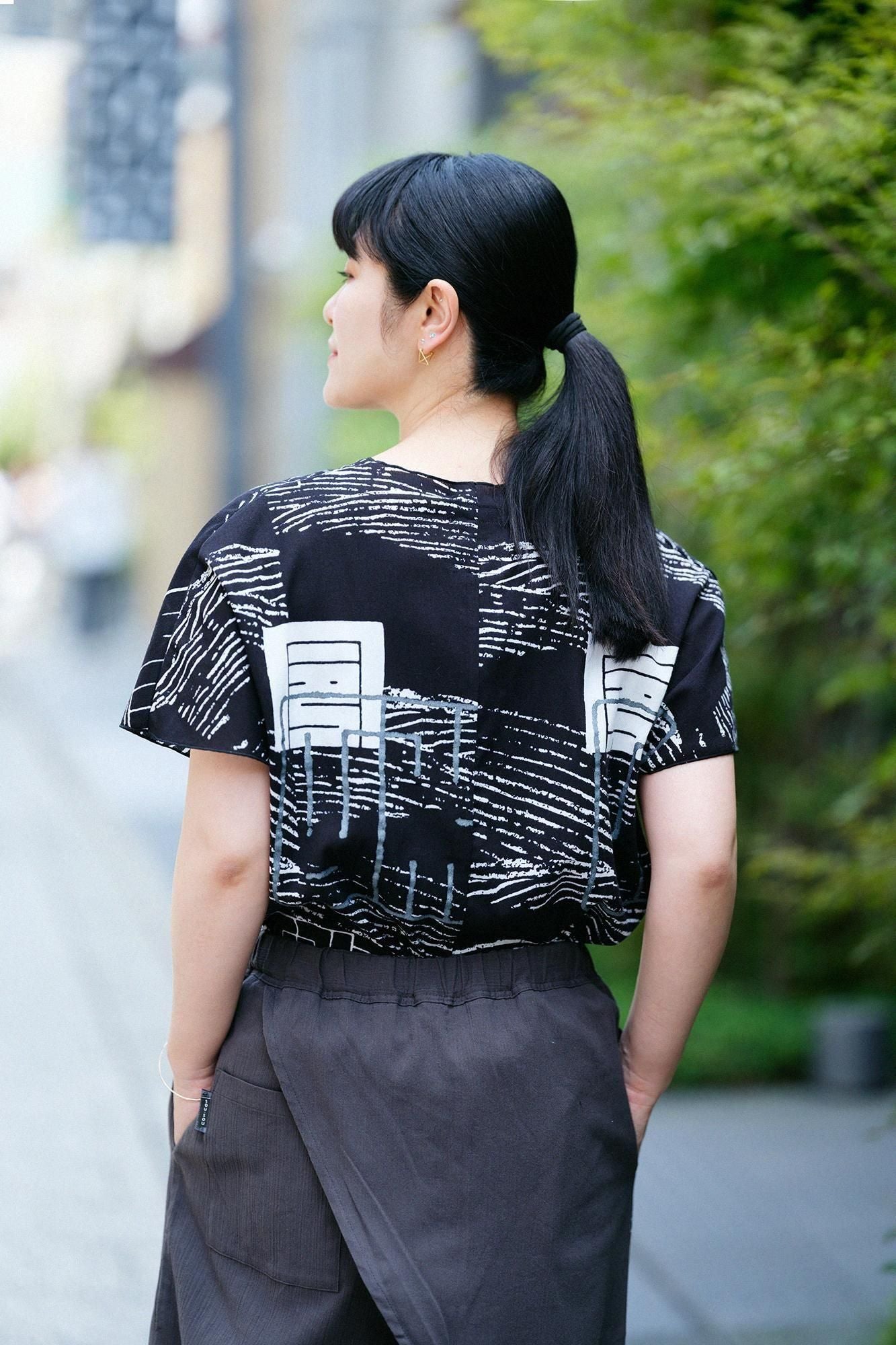 Chizimi Cotton 20/20 Wrap Harem Pants Bi-color / Dark Grey × Wave of Reiwa