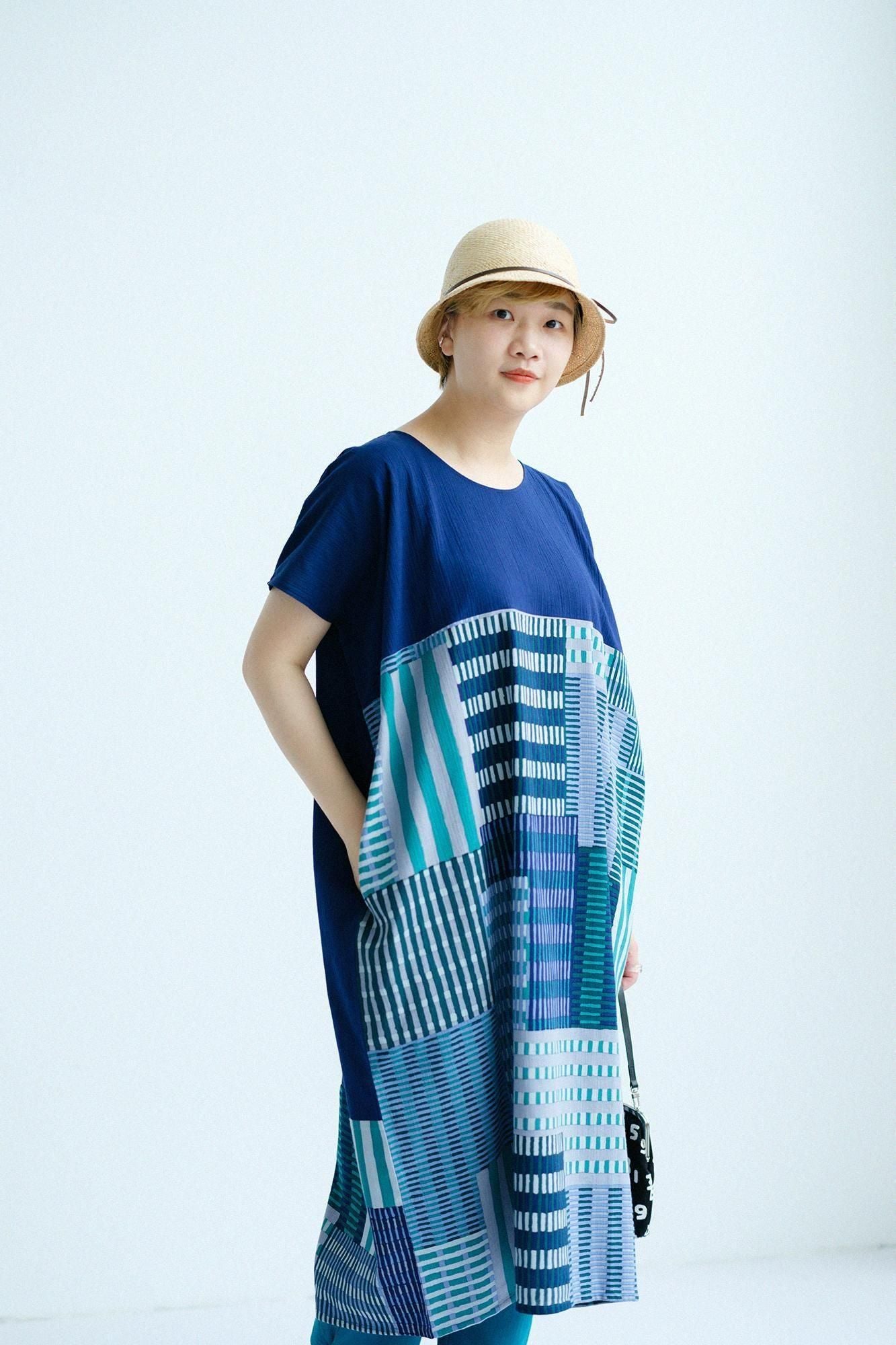타카시마치지미 20/20 직사각형 원피스 쿠미 헴 패턴/네이비 블루 x마텐로 아사미 (Asakimaki)