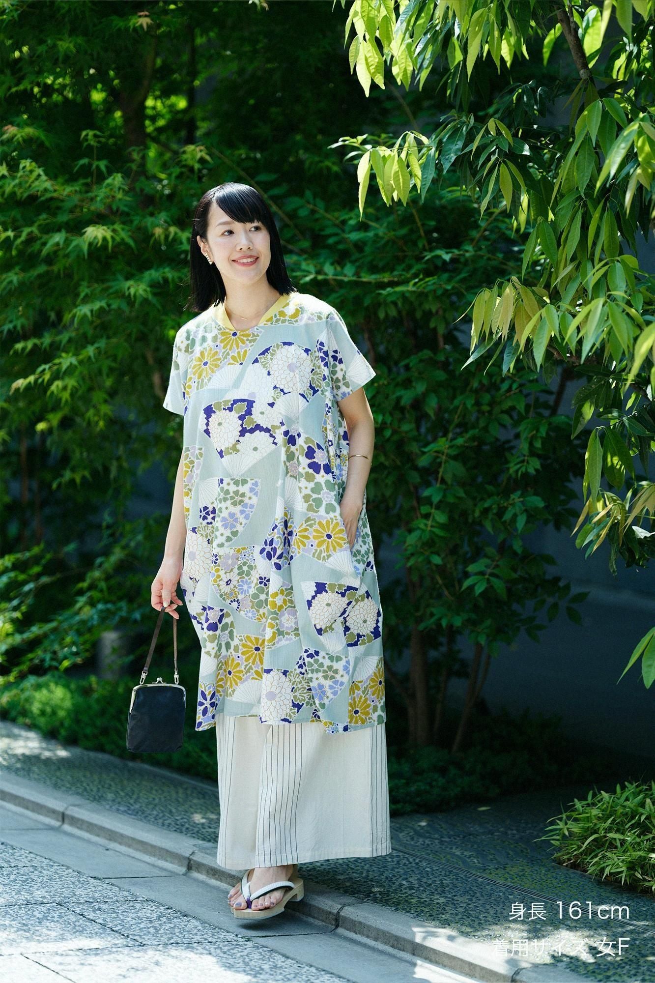 高島縮棉 20/20 長方形洋裝(chohokei)/扇子 柳灰色