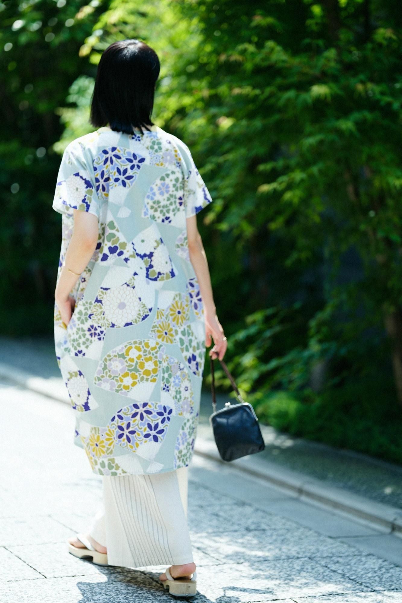 高島縮棉 20/20 長方形洋裝(chohokei)/扇子 柳灰色