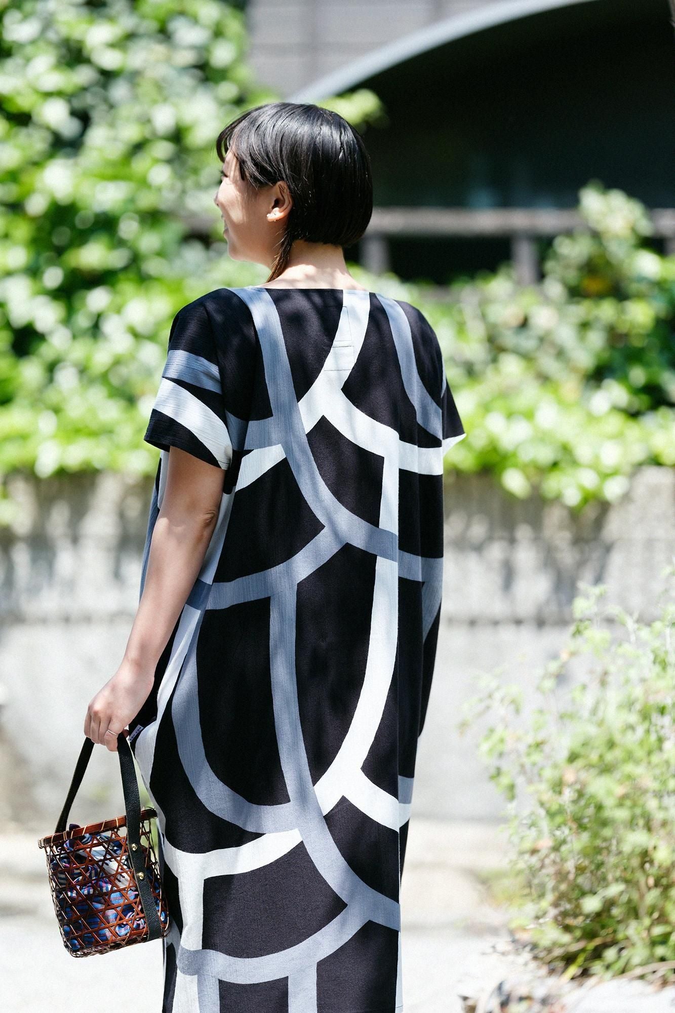 高島縮棉 20/20長方形洋裝/瀑布 黑色