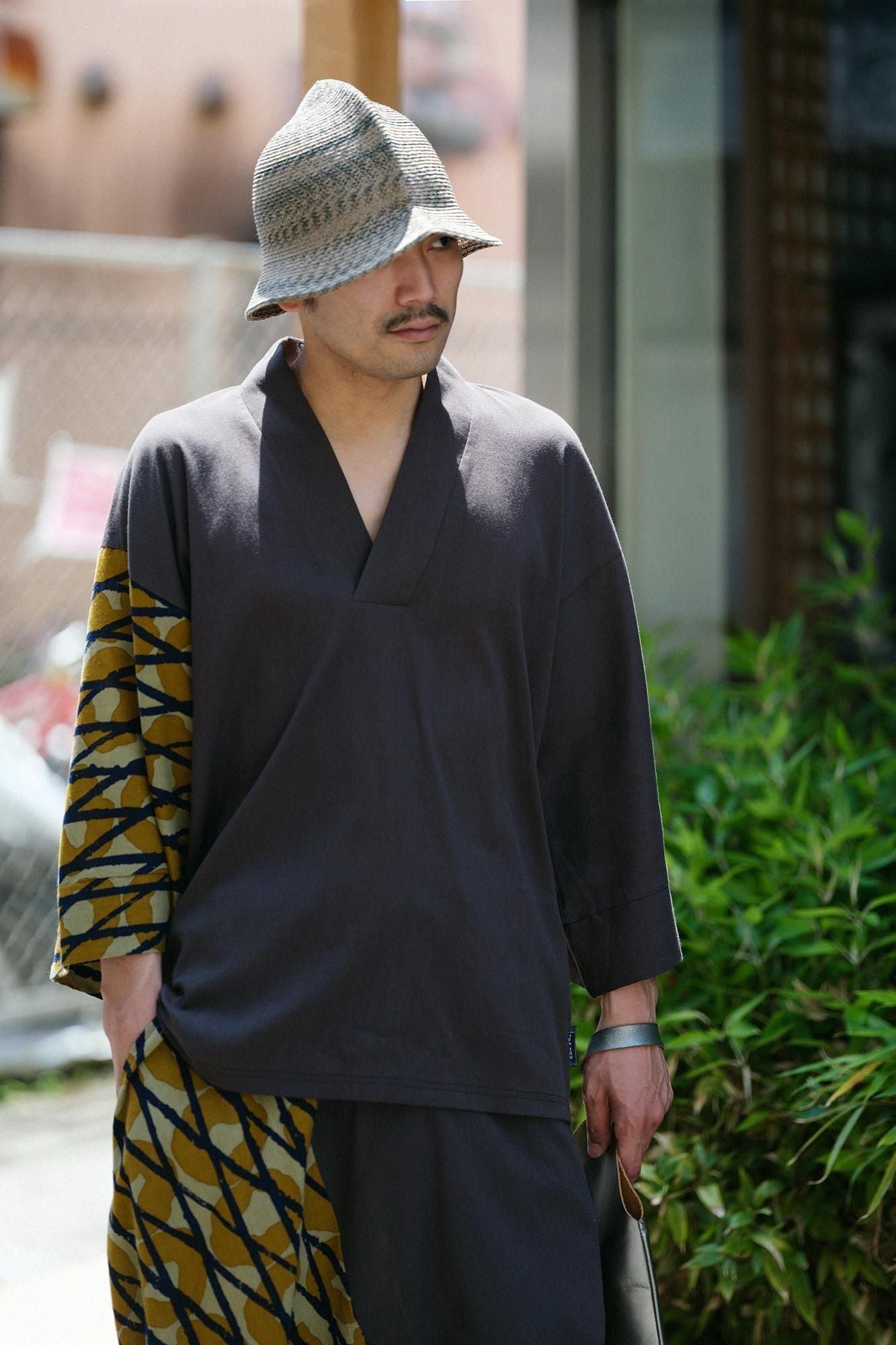Chizimi Cotton 40/40 Fubi Kimono Shirt Bi-color / Dark Grey × Storm