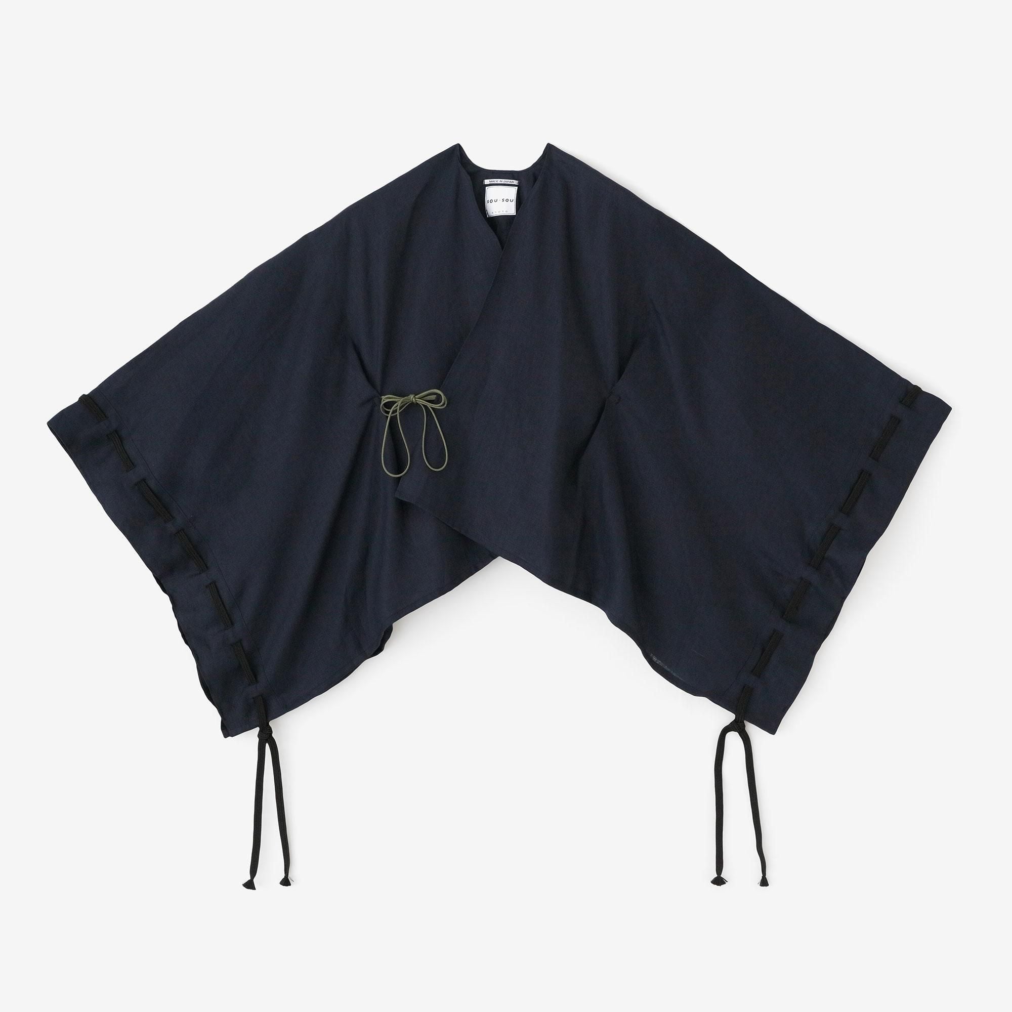 麻 如月披風斗篷袖括/藍黑色