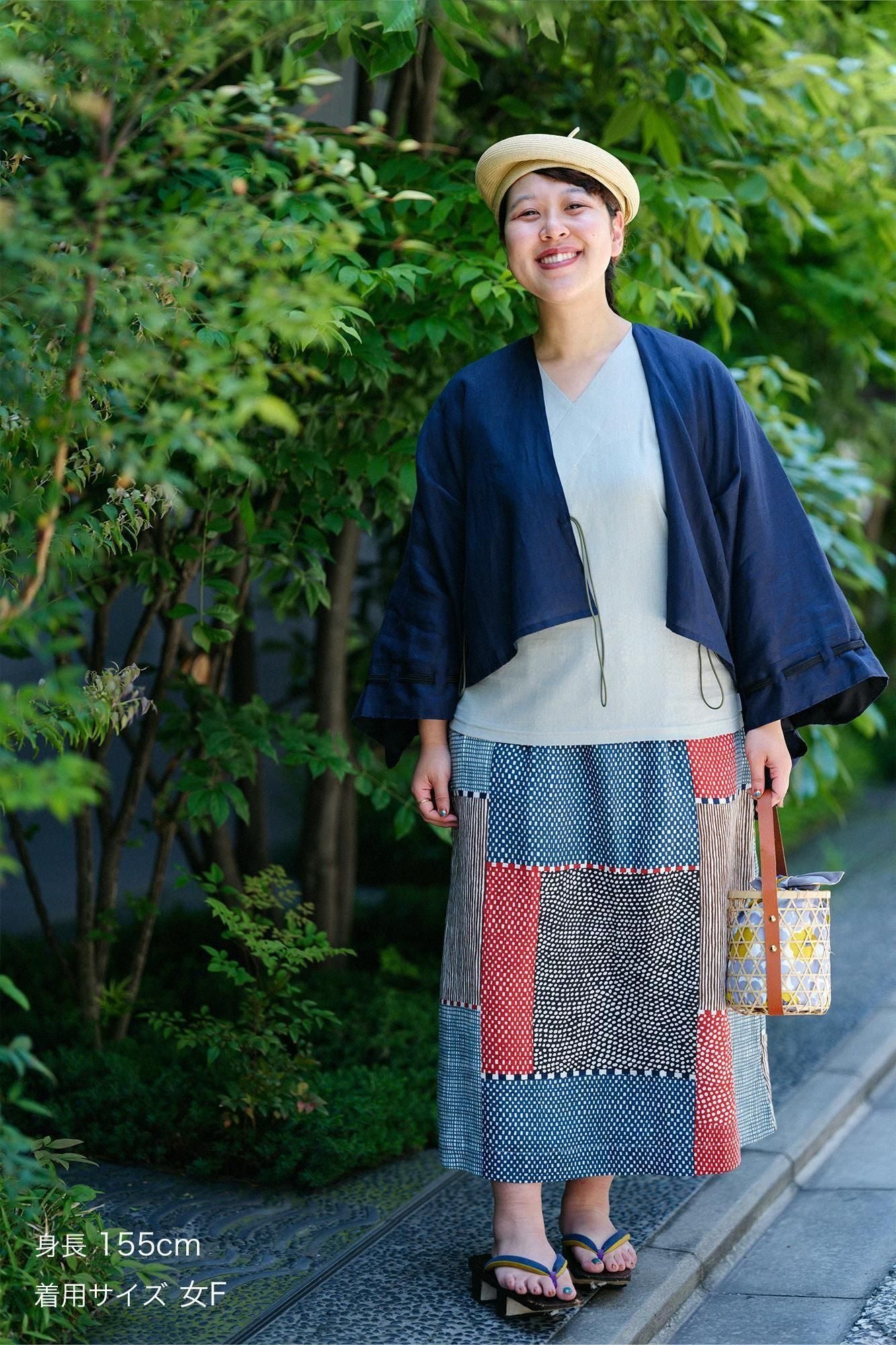 麻 如月披風斗篷袖括/藍黑色