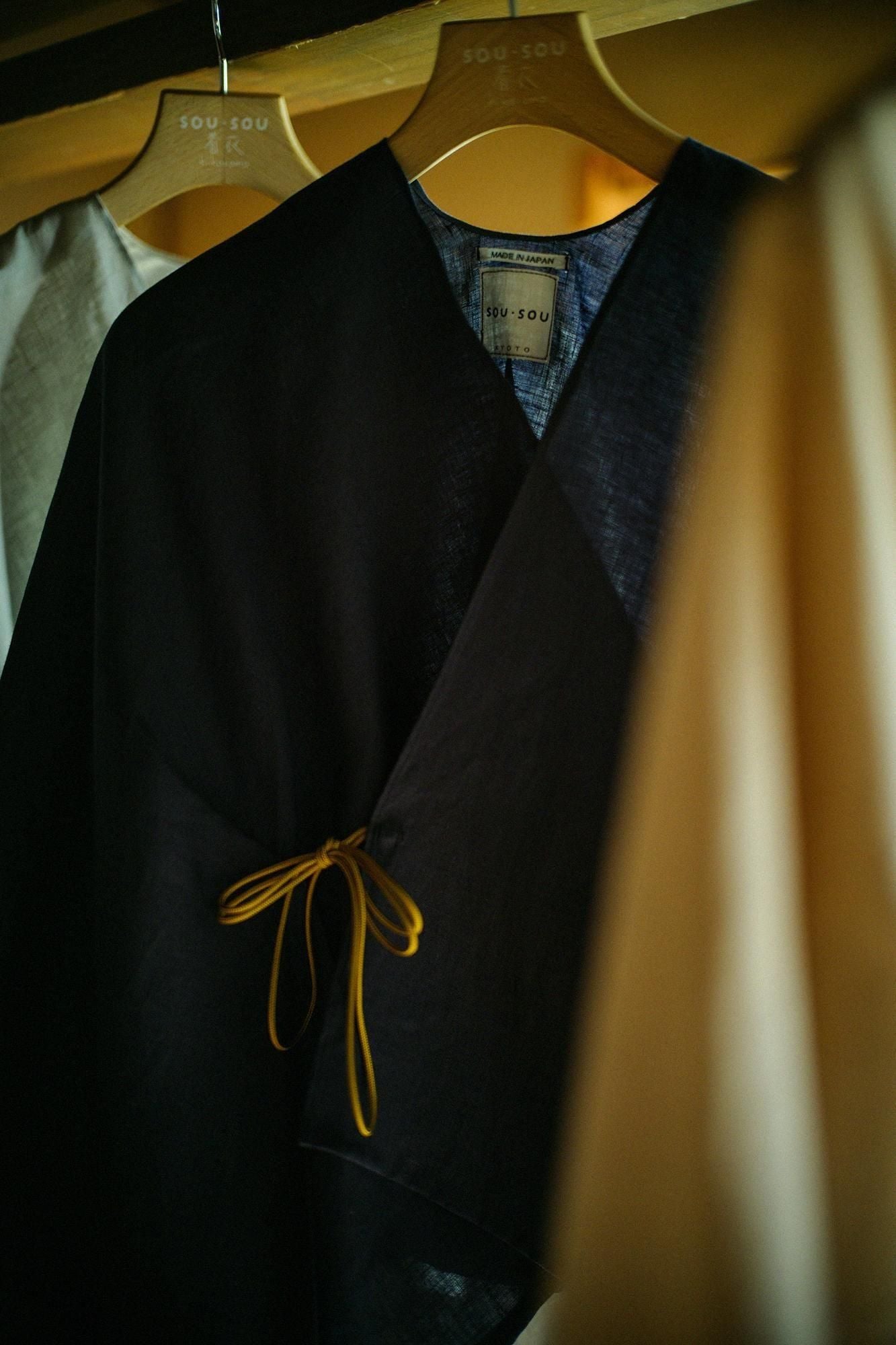 麻 如月披風斗篷袖括/藍黑色