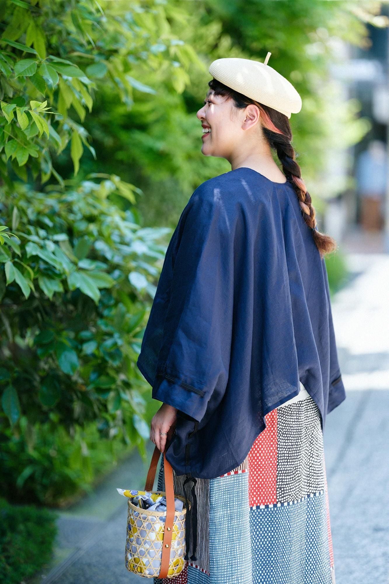 麻 如月披風斗篷袖括/藍黑色