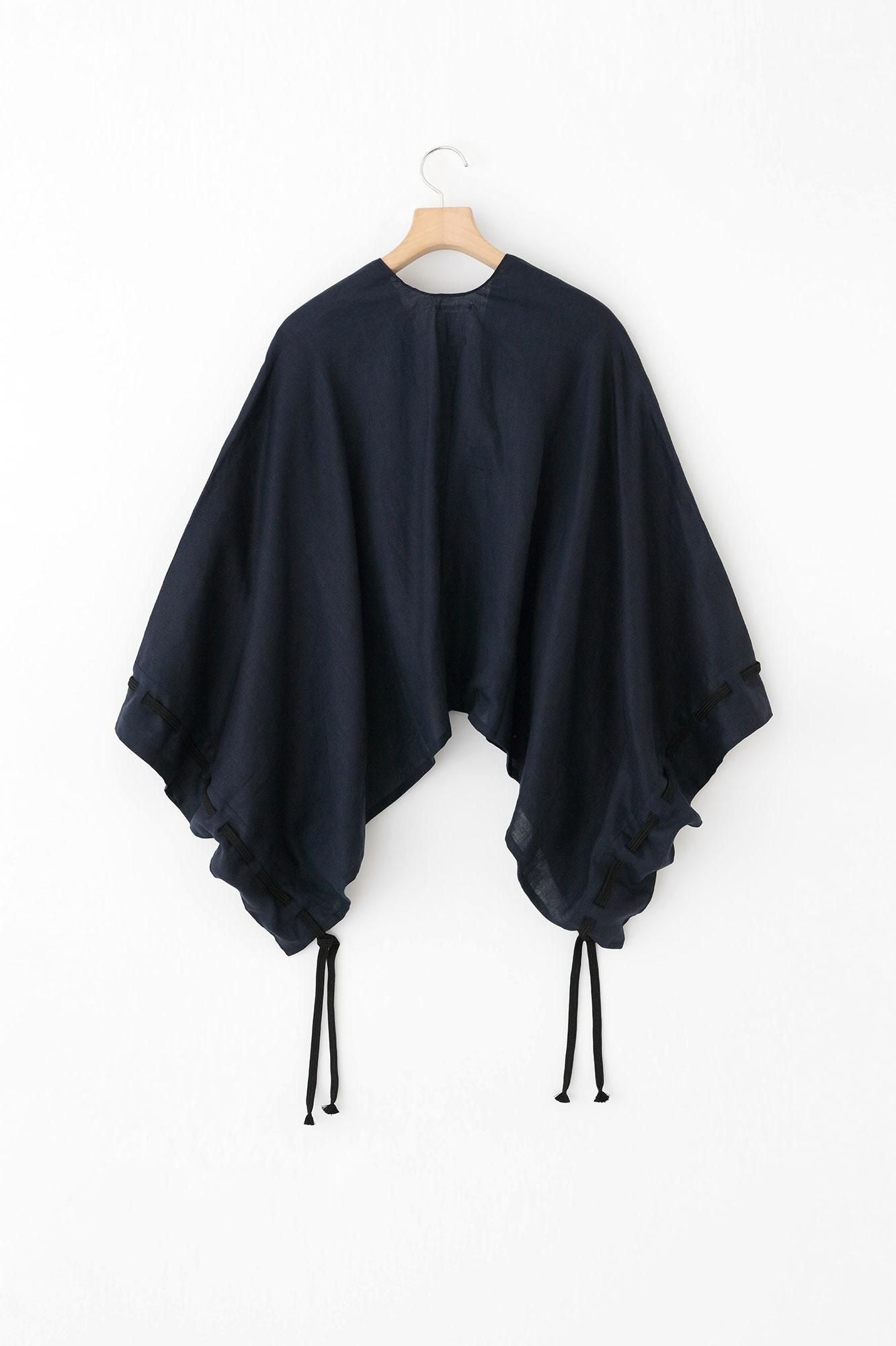 麻 如月披風斗篷袖括/藍黑色