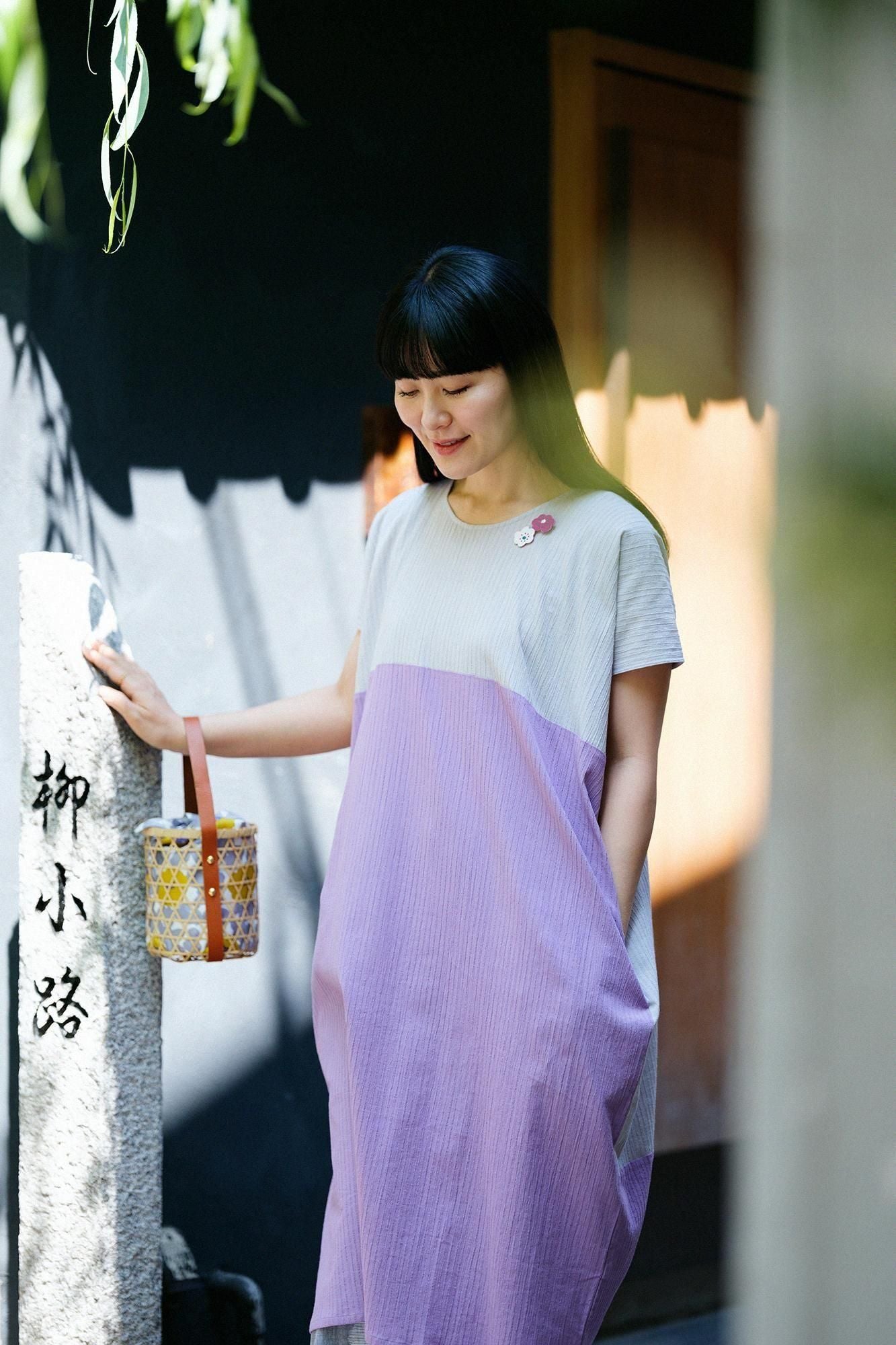 Chizimi Cotton 40/20 Akiha Rectangular Dress Bi-color / Pale Grey x Pastel Purple