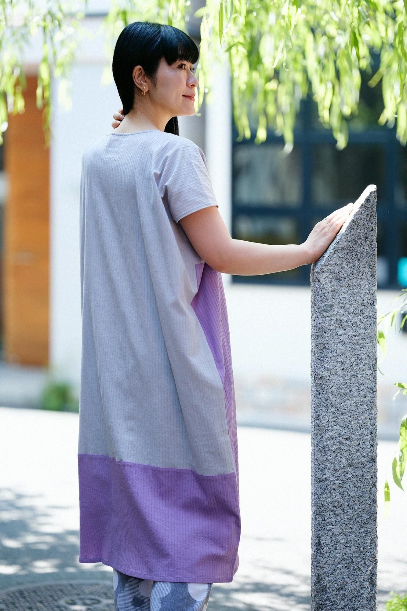 Chizimi Cotton 40/20 Akiha Rectangular Dress Bi-color / Pale Grey x Pastel Purple