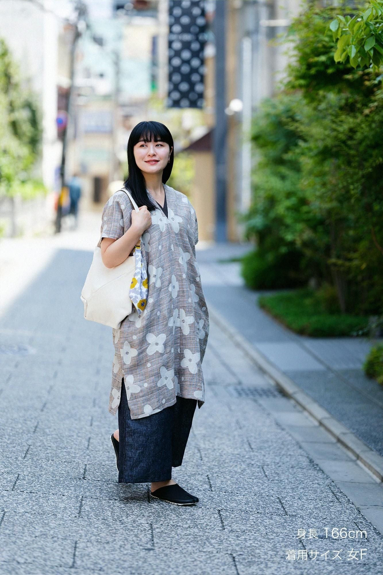 麻 格子織 長方形洋裝拼接/山花風