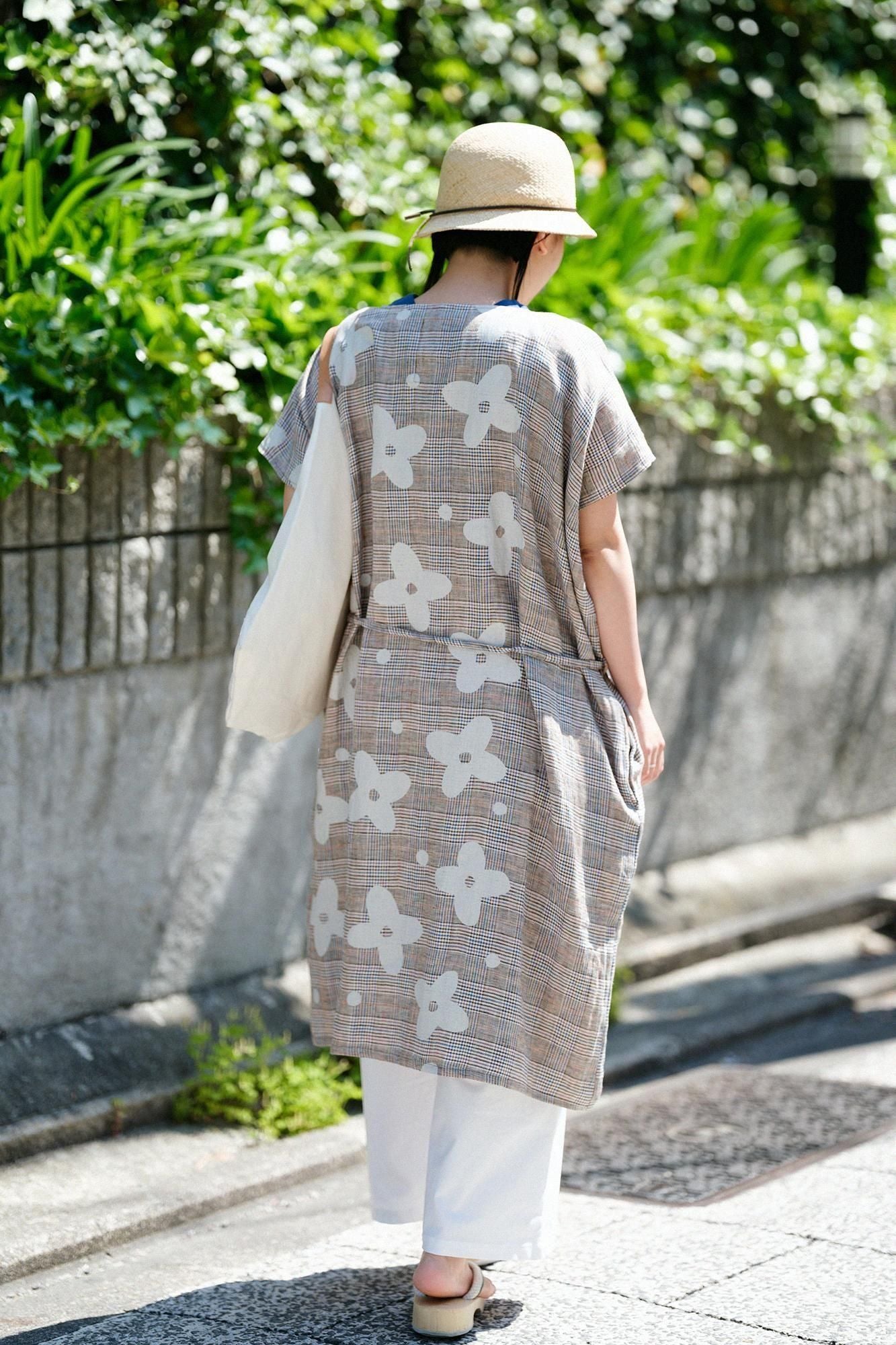 麻 格子織 長方形洋裝/山花風和留白