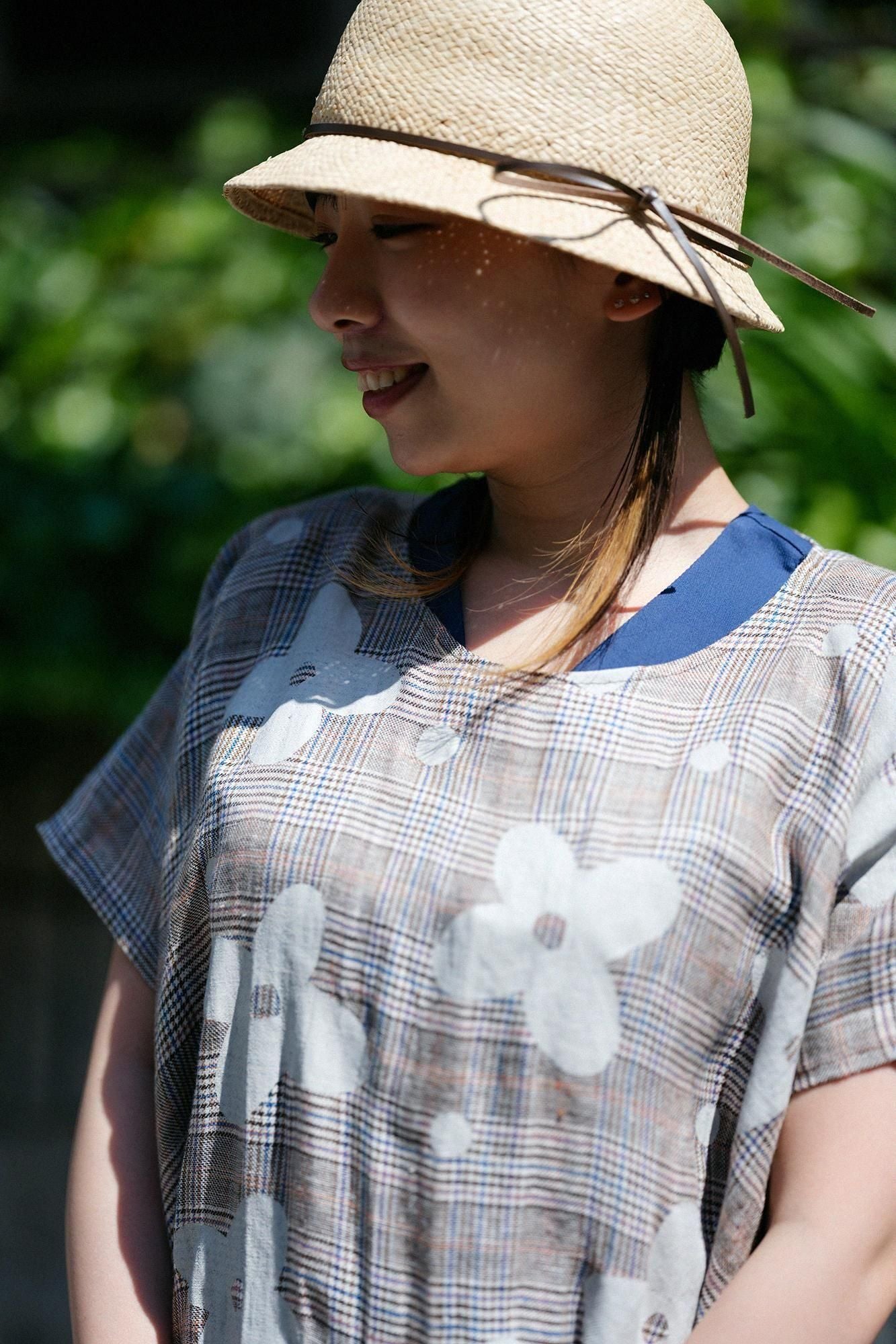 麻 格子織 長方形洋裝/山花風和留白