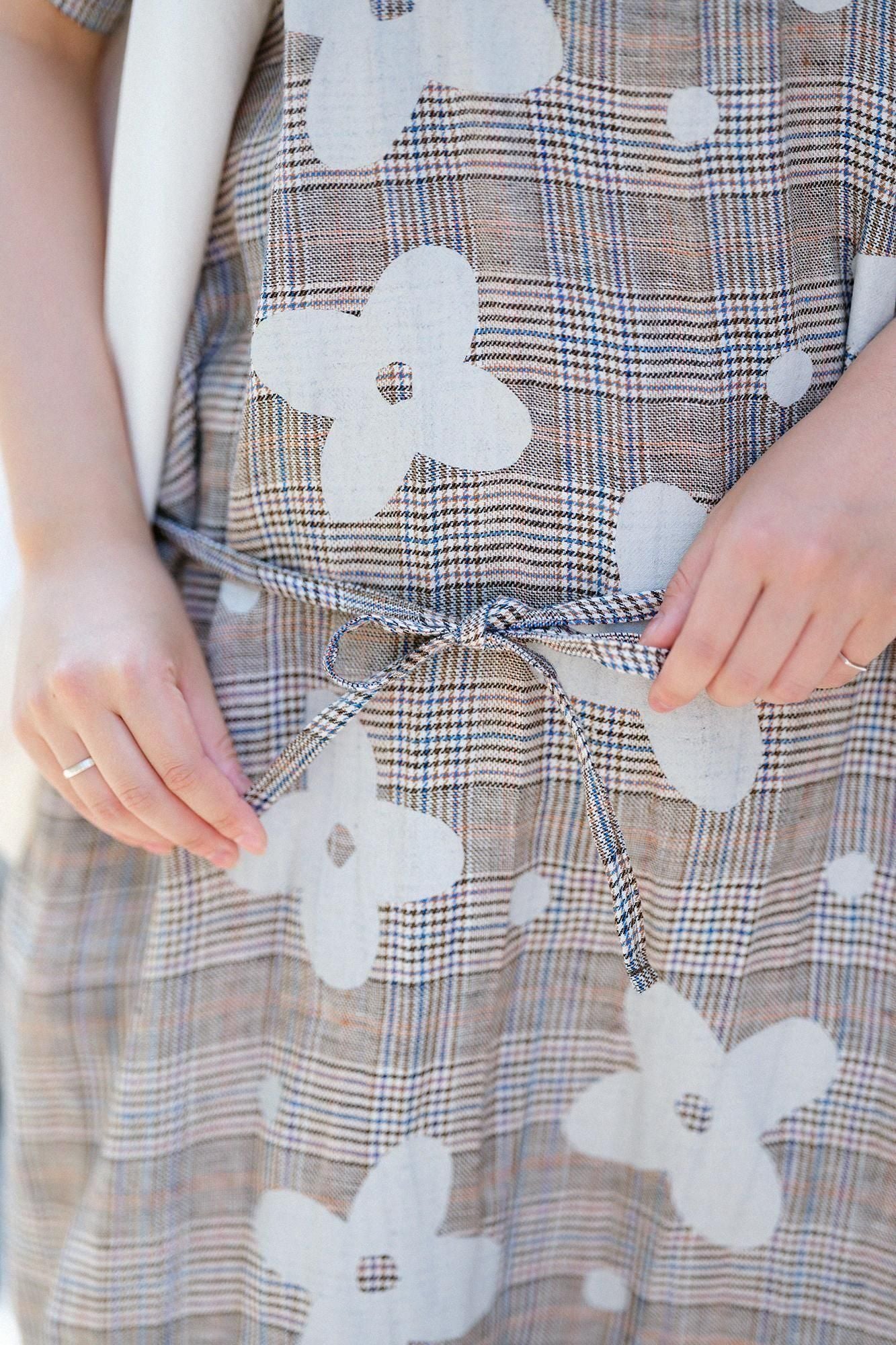 麻 格子織 長方形洋裝/山花風和留白