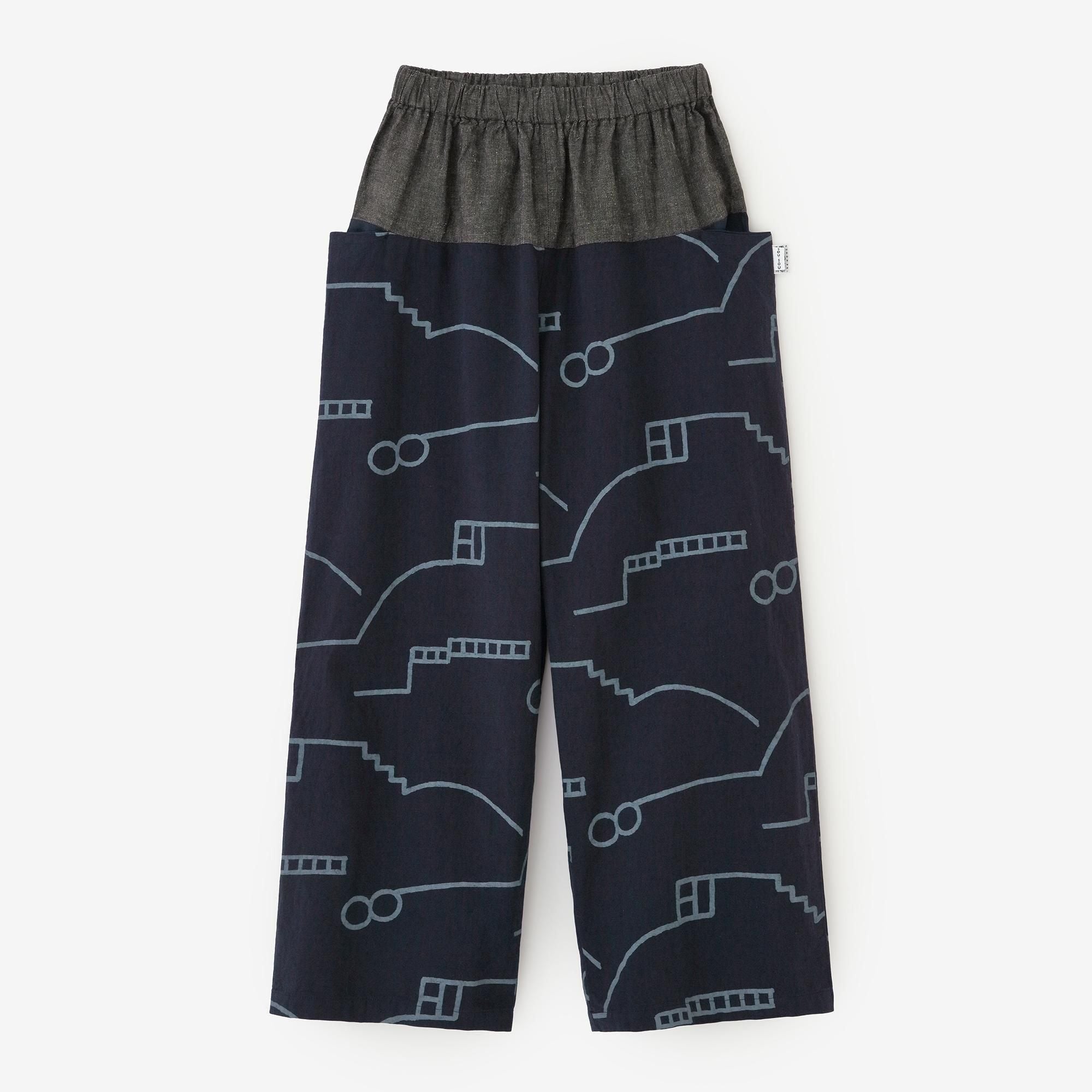 伊勢木棉20/20 麻混紡 和服帶長褲/灰炭色x茶利