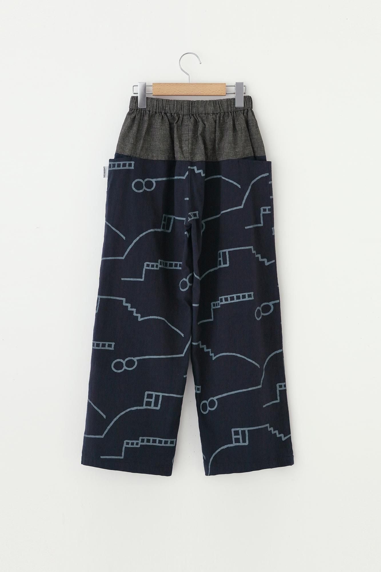 伊勢木棉20/20 麻混紡 和服帶長褲/灰炭色x茶利