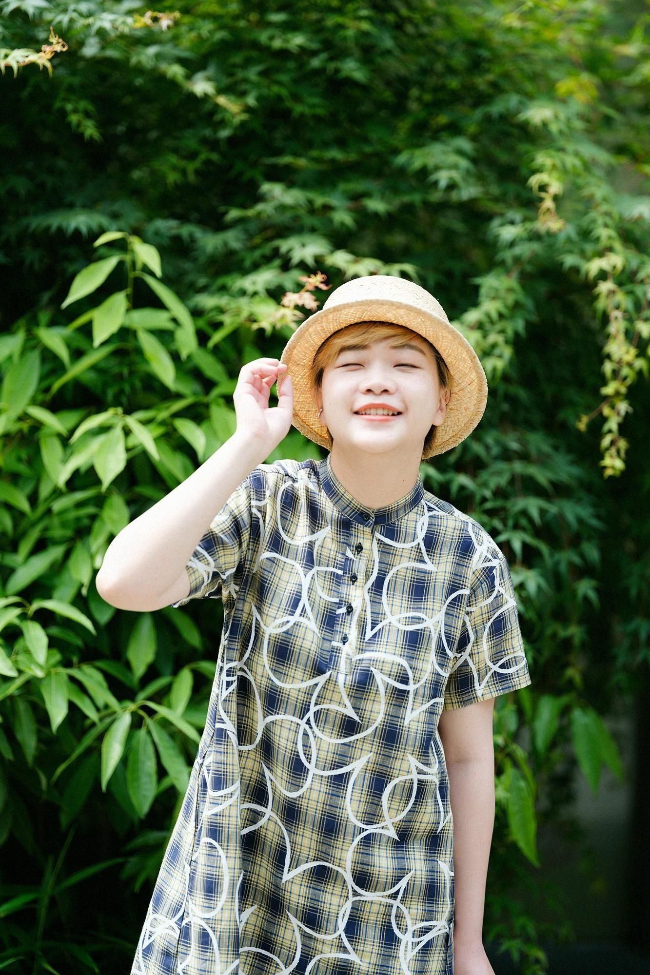 亞麻格子BIKE 連身裙/四葉草