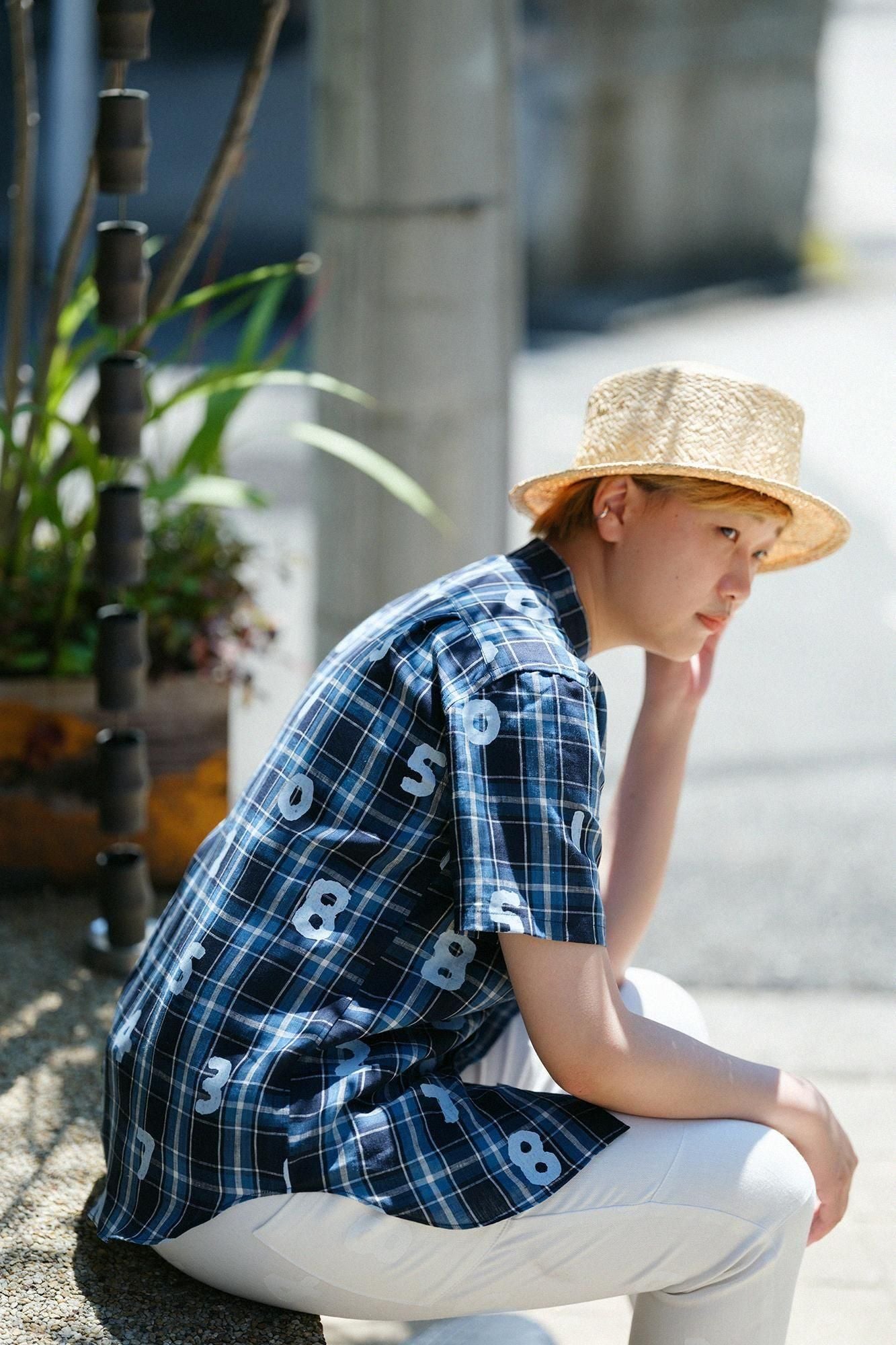 Linen Check Short Sleeve Shirt / SO-SU-U Navy x Sky Blue