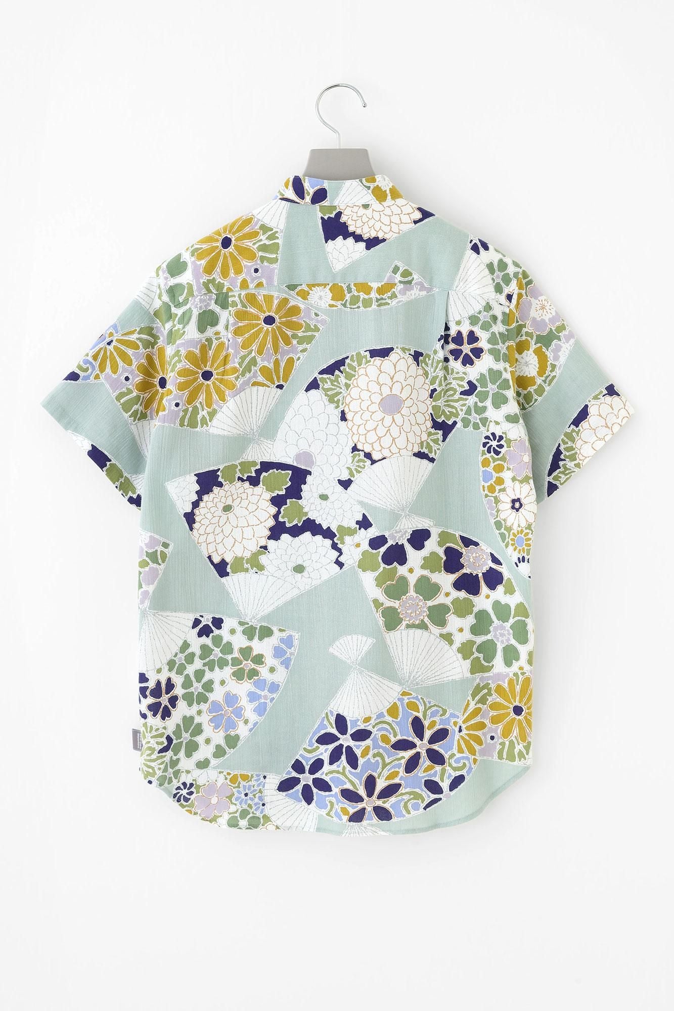 高島縮棉 20/20立領短袖襯衫/扇子淡草色
