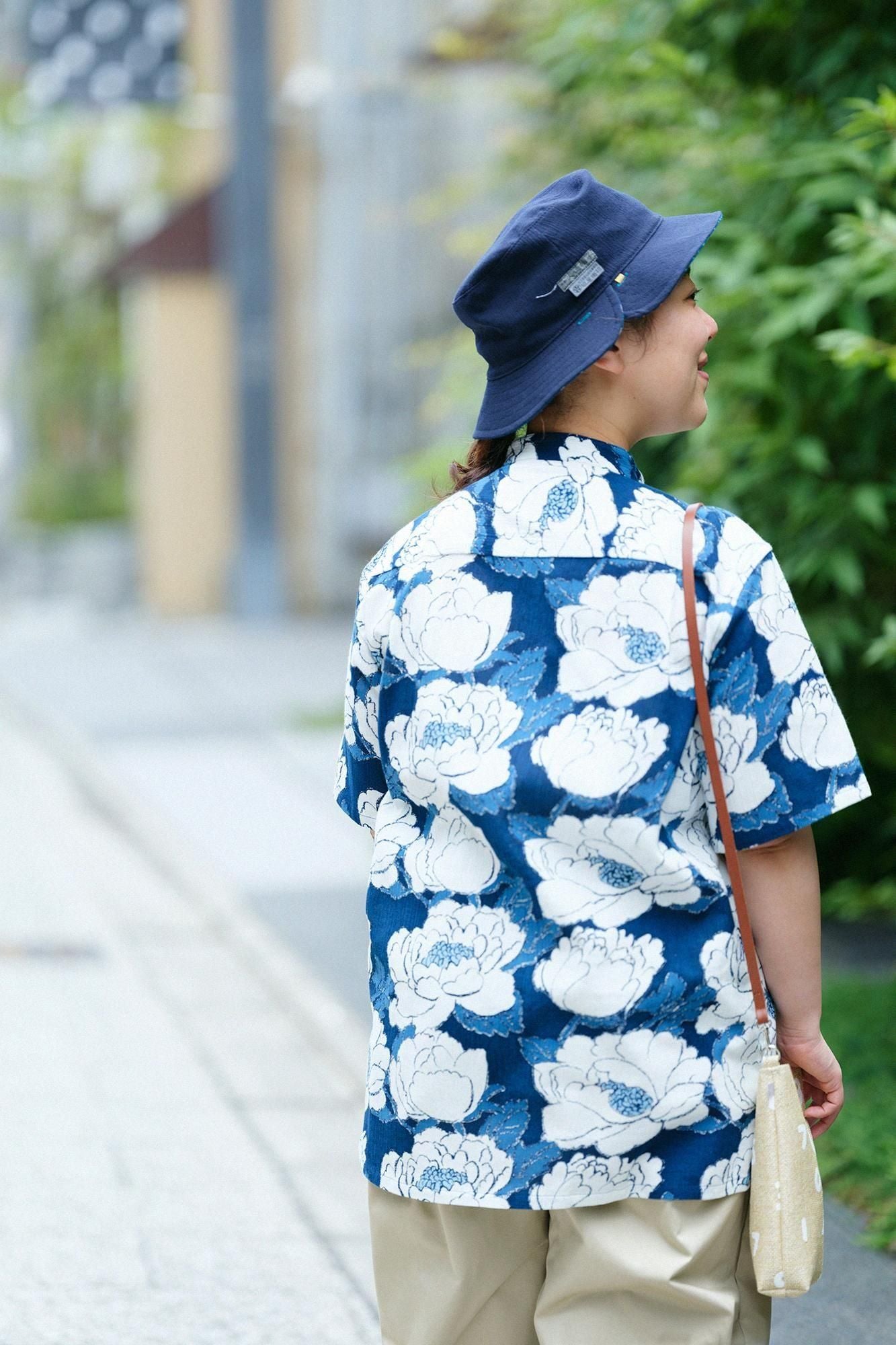 高島縮棉 20/20藍捺染立領短袖襯衫SP/牡丹華