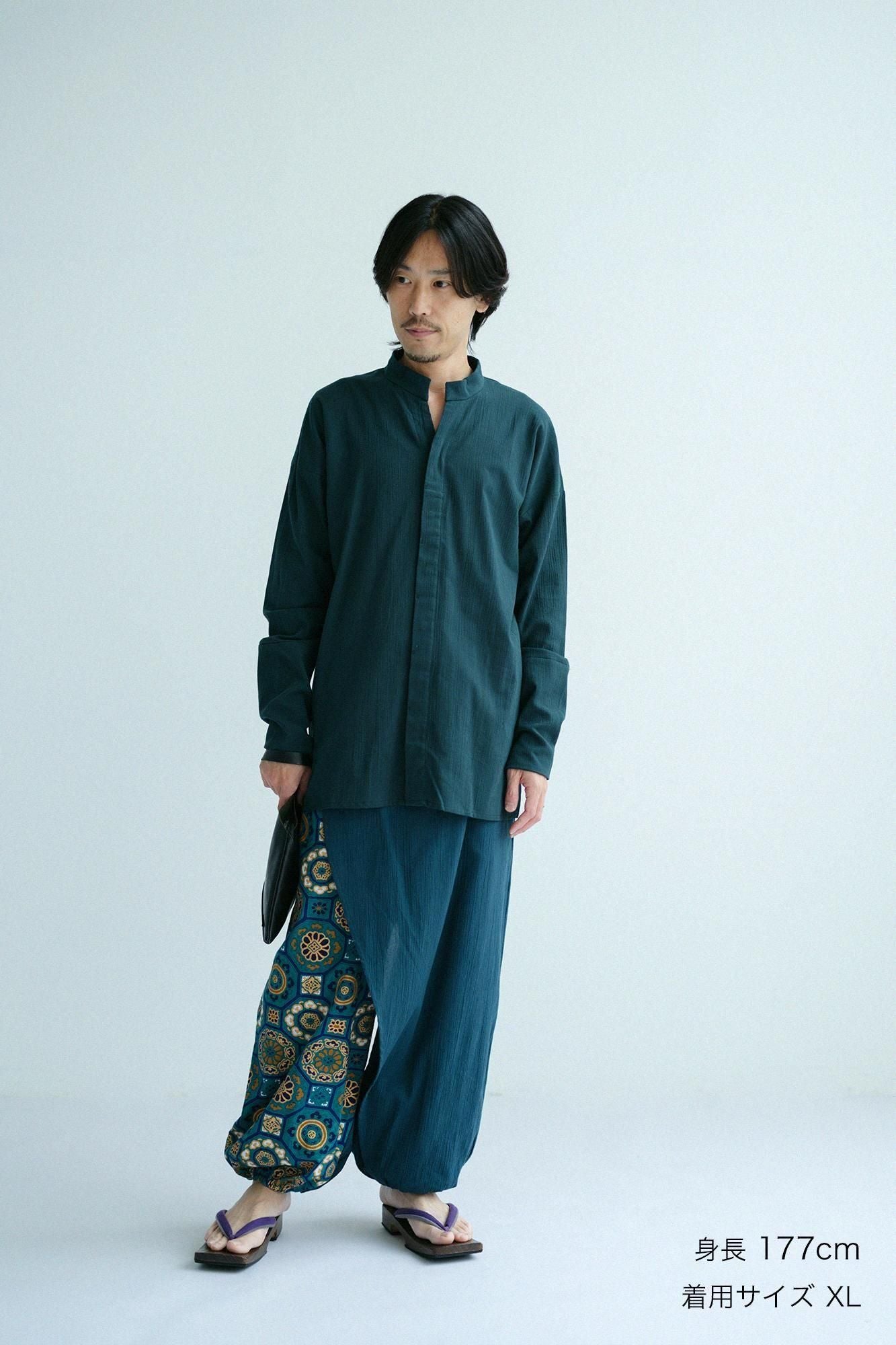 Chizimi Cotton 20/20 Band Collar Tight-sleeved Kimono Shirt / Dark Green