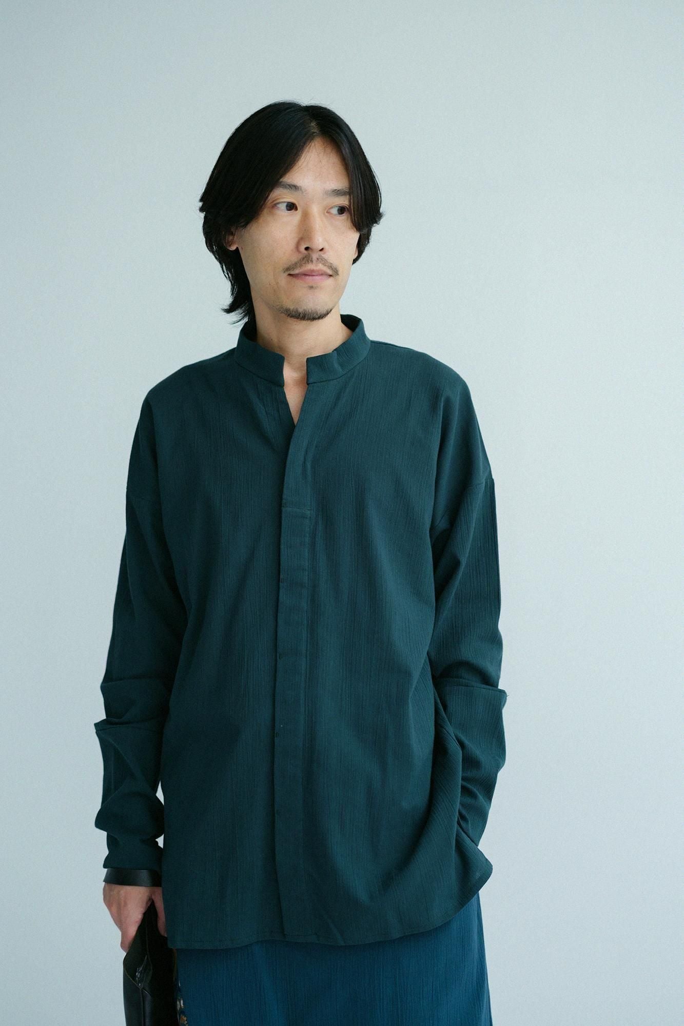 Chizimi Cotton 20/20 Band Collar Tight-sleeved Kimono Shirt / Dark Green