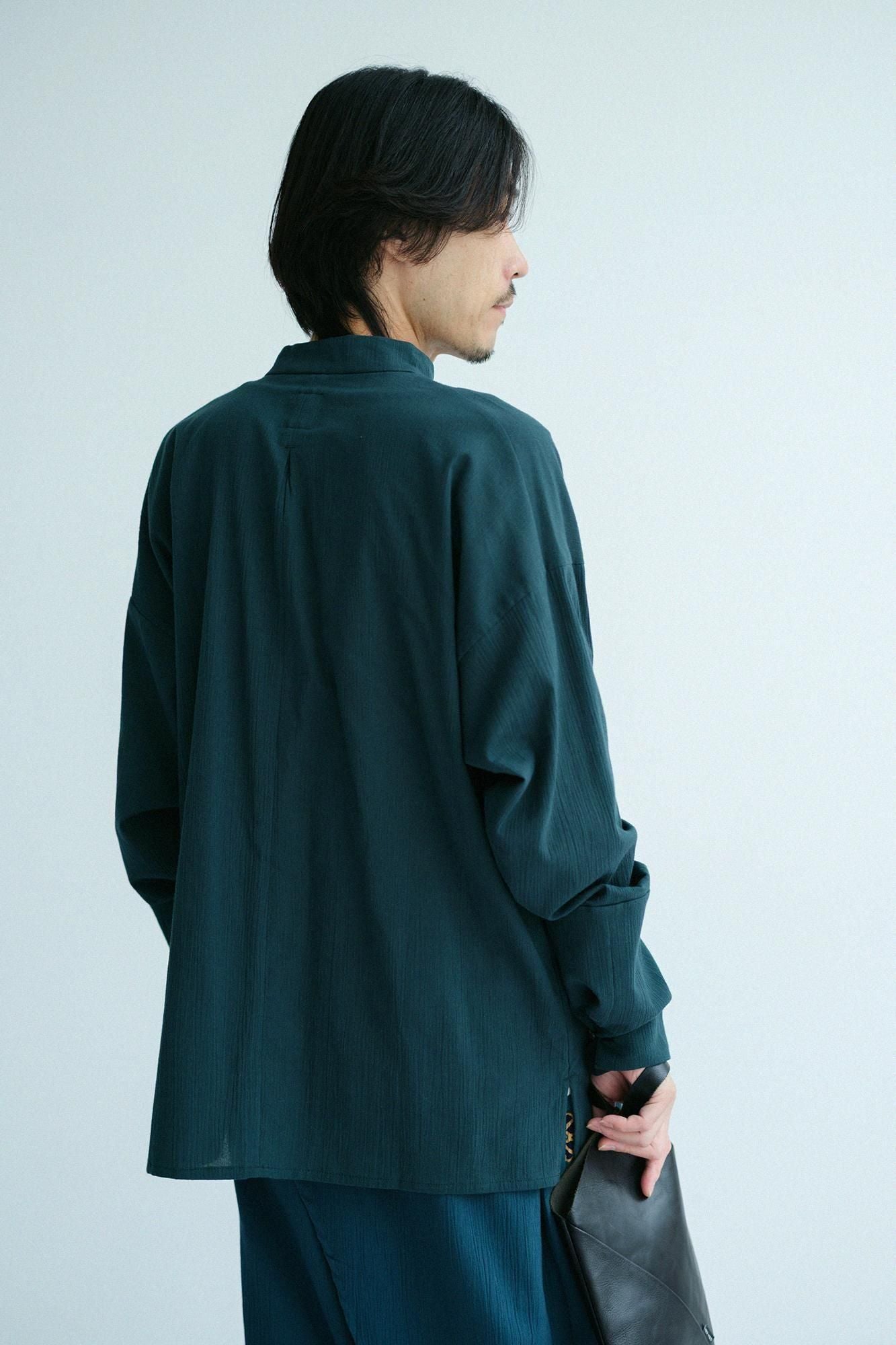 Chizimi Cotton 20/20 Band Collar Tight-sleeved Kimono Shirt / Dark Green