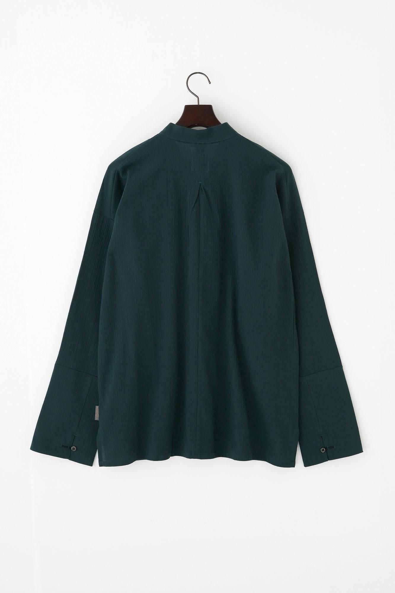 Chizimi Cotton 20/20 Band Collar Tight-sleeved Kimono Shirt / Dark Green