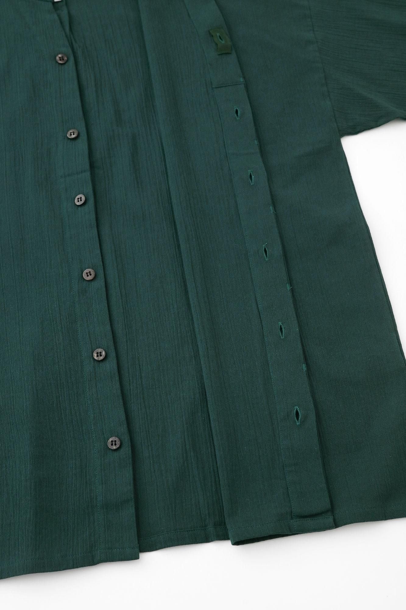 Chizimi Cotton 20/20 Band Collar Tight-sleeved Kimono Shirt / Dark Green