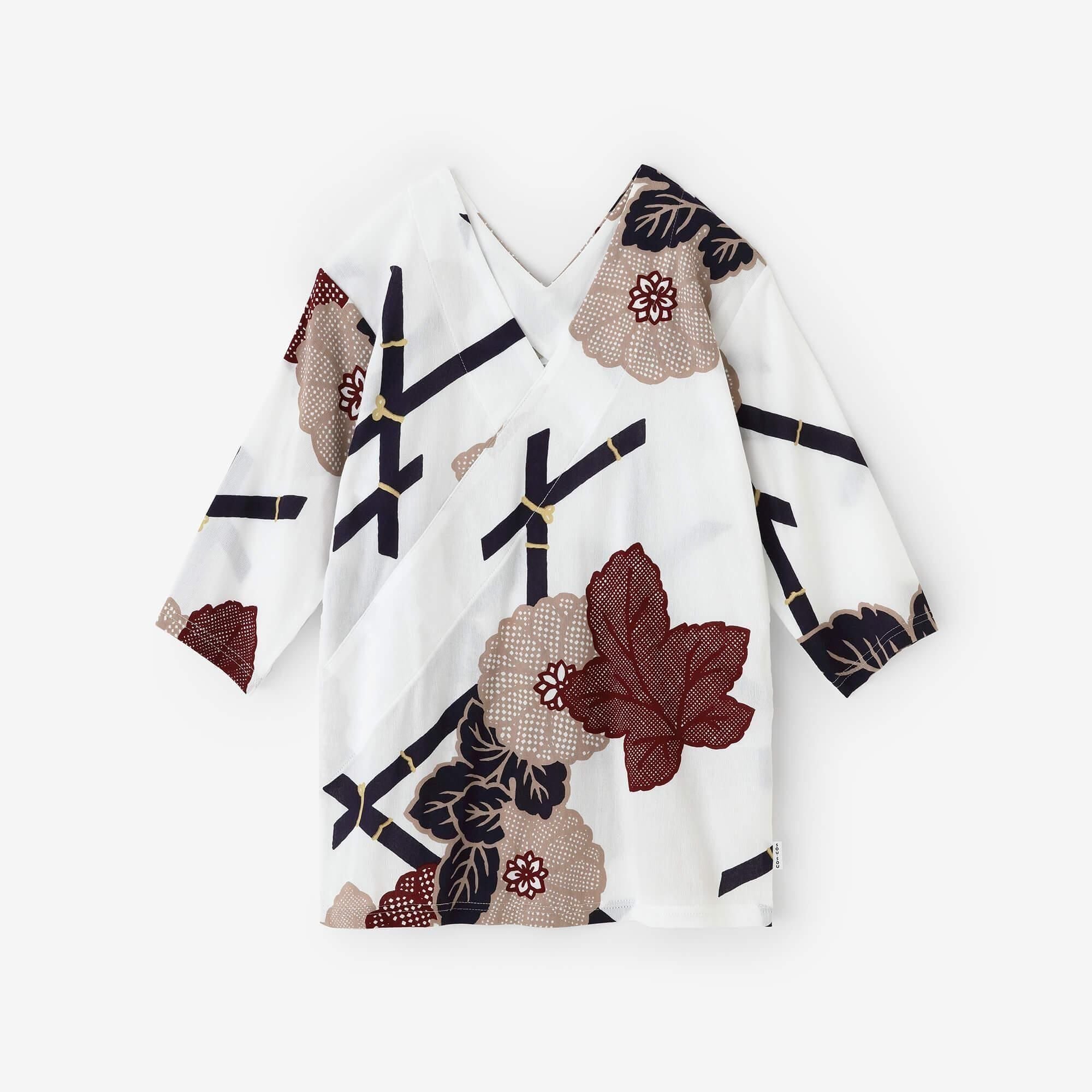 Chizimi Cotton 40/40 V-neck Shirt Elbow Length Sleeve / Fenced Chrysanthemum-Recreation