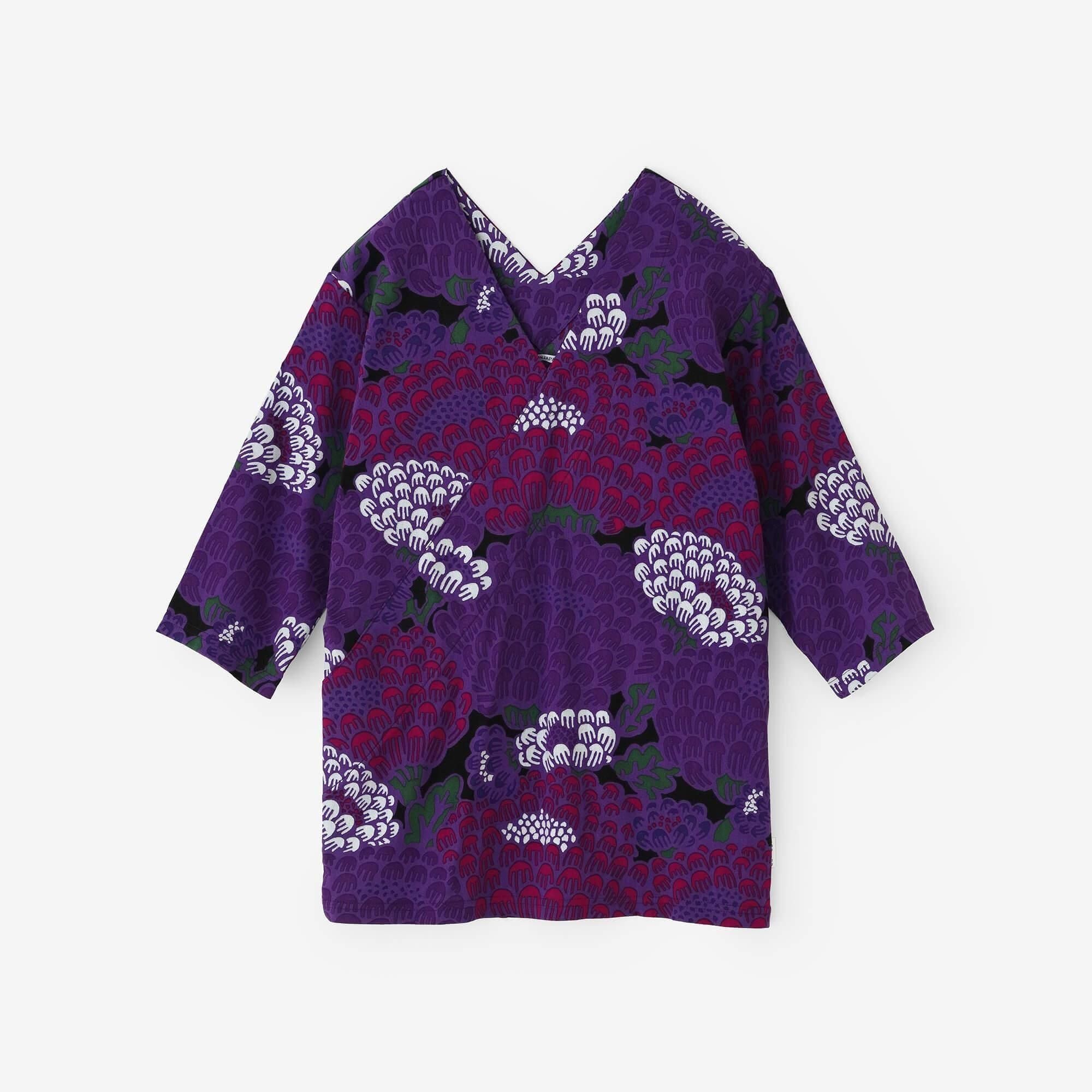 Chizimi Cotton 40/40 V-neck Shirt Elbow Length Sleeve / Kenran Purple