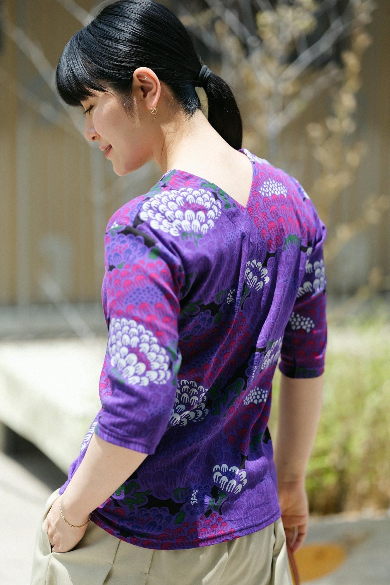 Chizimi Cotton 40/40 V-neck Shirt Elbow Length Sleeve / Kenran Purple