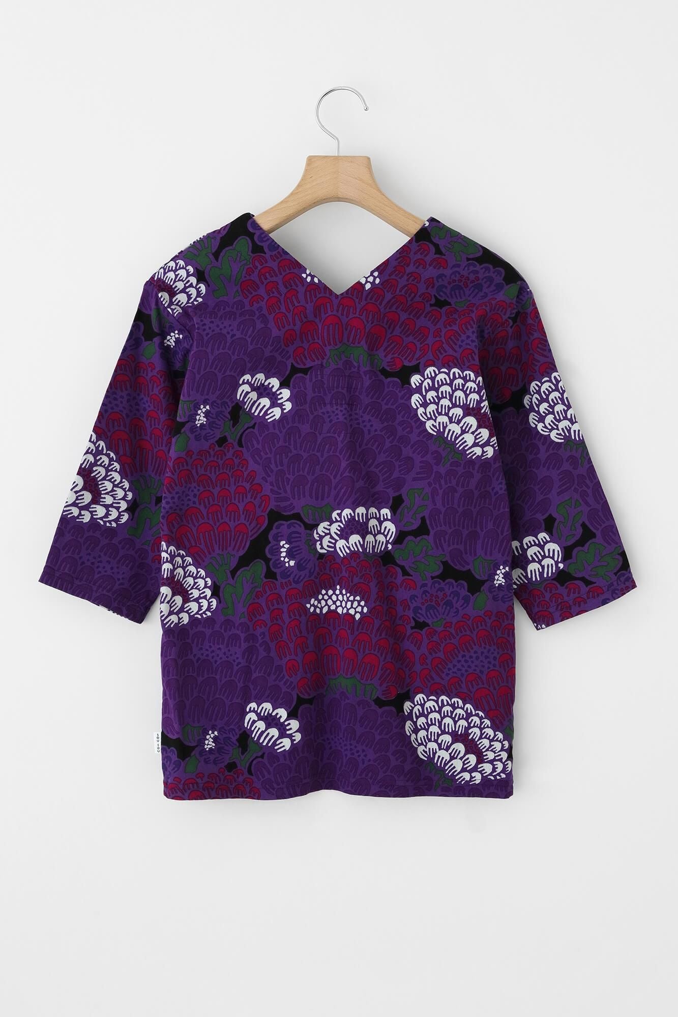 Chizimi Cotton 40/40 V-neck Shirt Elbow Length Sleeve / Kenran Purple