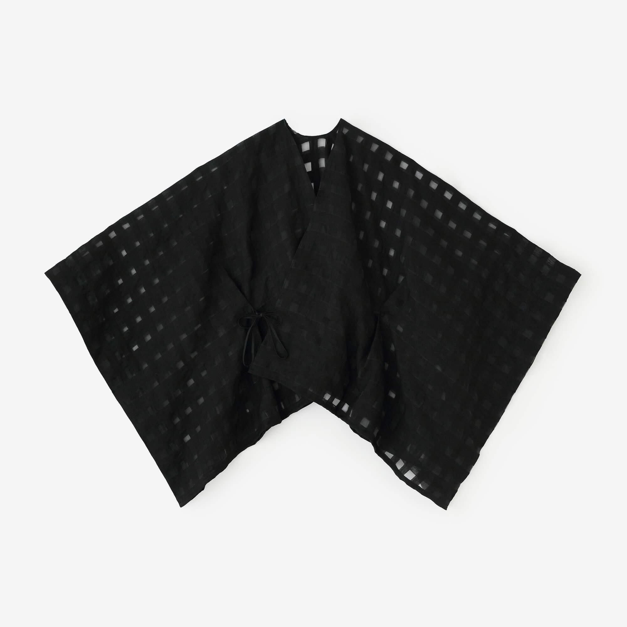 麻 開口格子織 二浴染 如月披風斗篷 短版/黑色