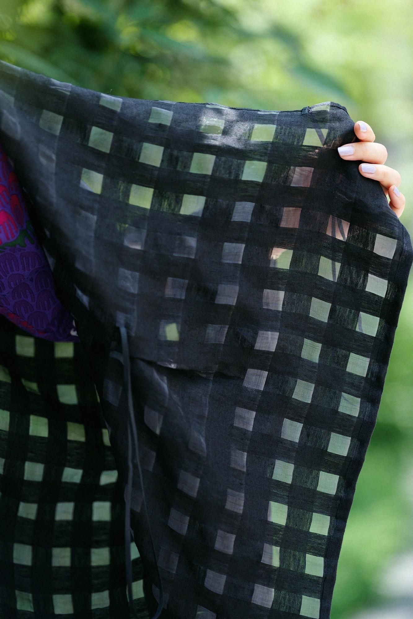 麻 開口格子織 二浴染 如月披風斗篷 短版/黑色