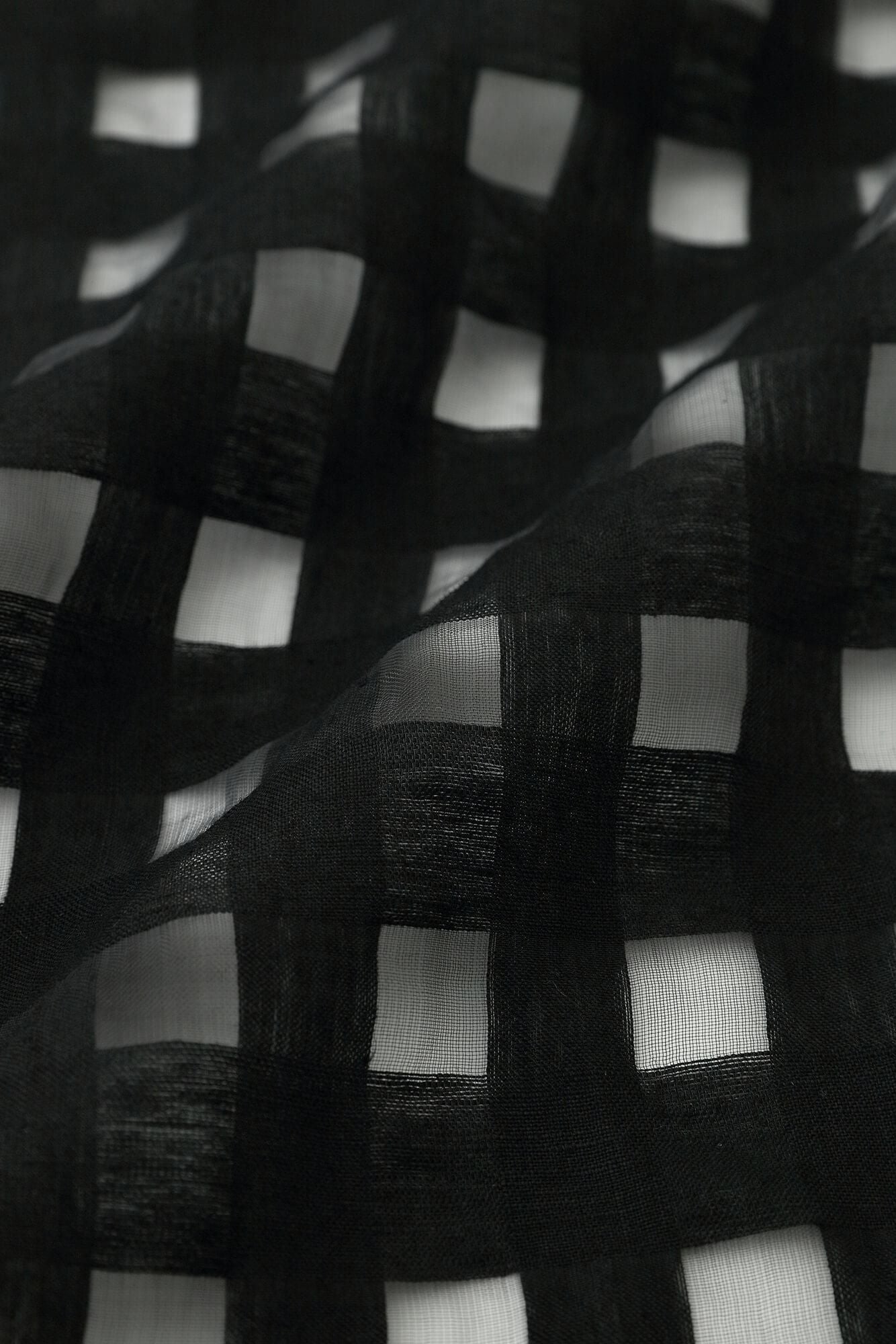 麻 開口格子織 二浴染 如月披風斗篷 短版/黑色