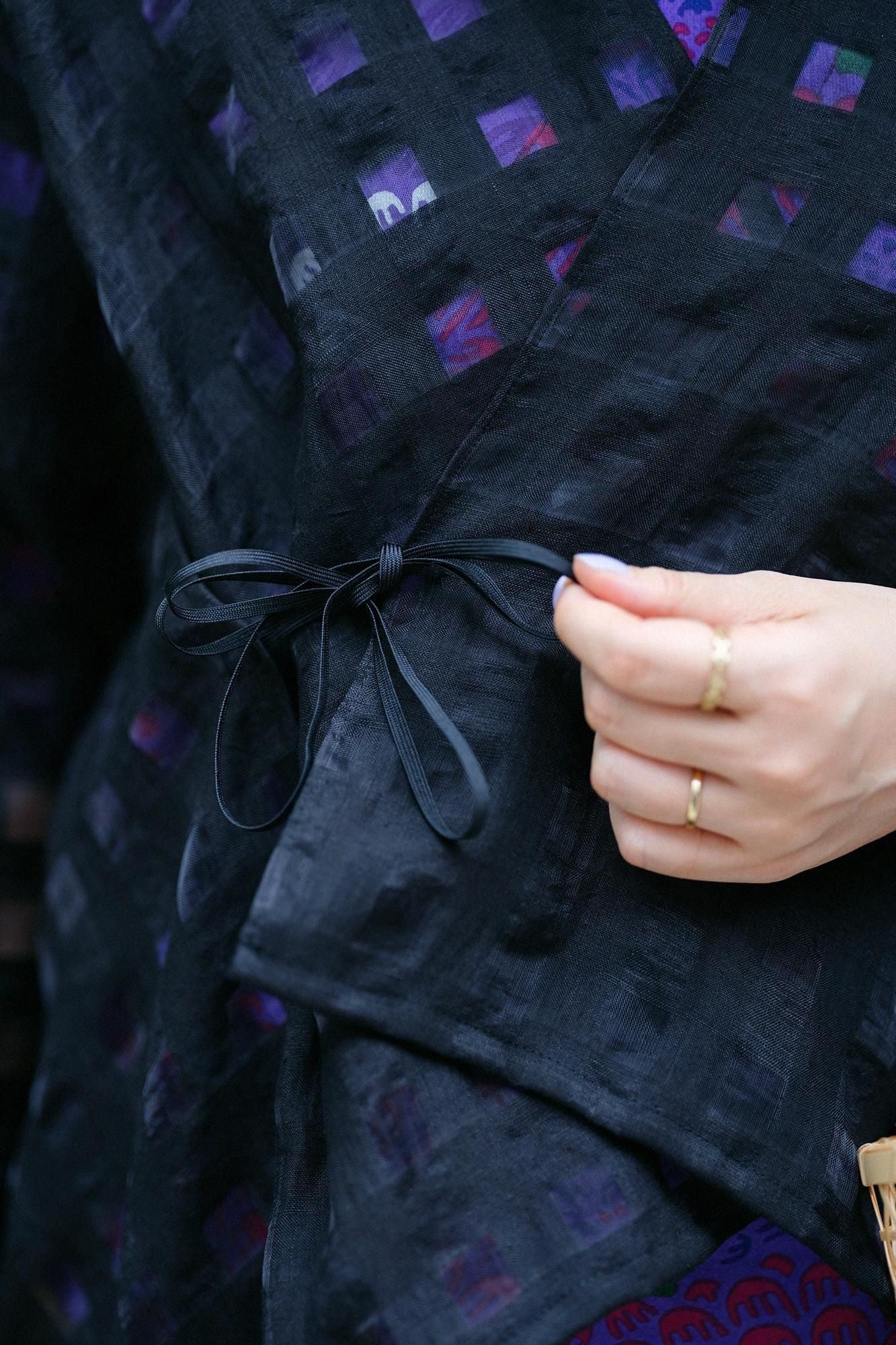 麻 開口格子織 二浴染 如月披風斗篷 短版/黑色