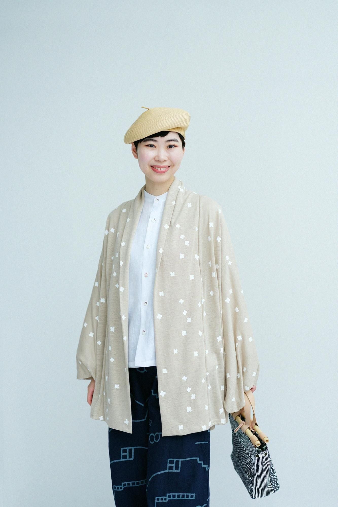 Cotton-linen Blend(Menasa) Knit(Ami) Kimono Sleeve Cardigan(childsignDesaya)/Small Scattered Flowers Beige