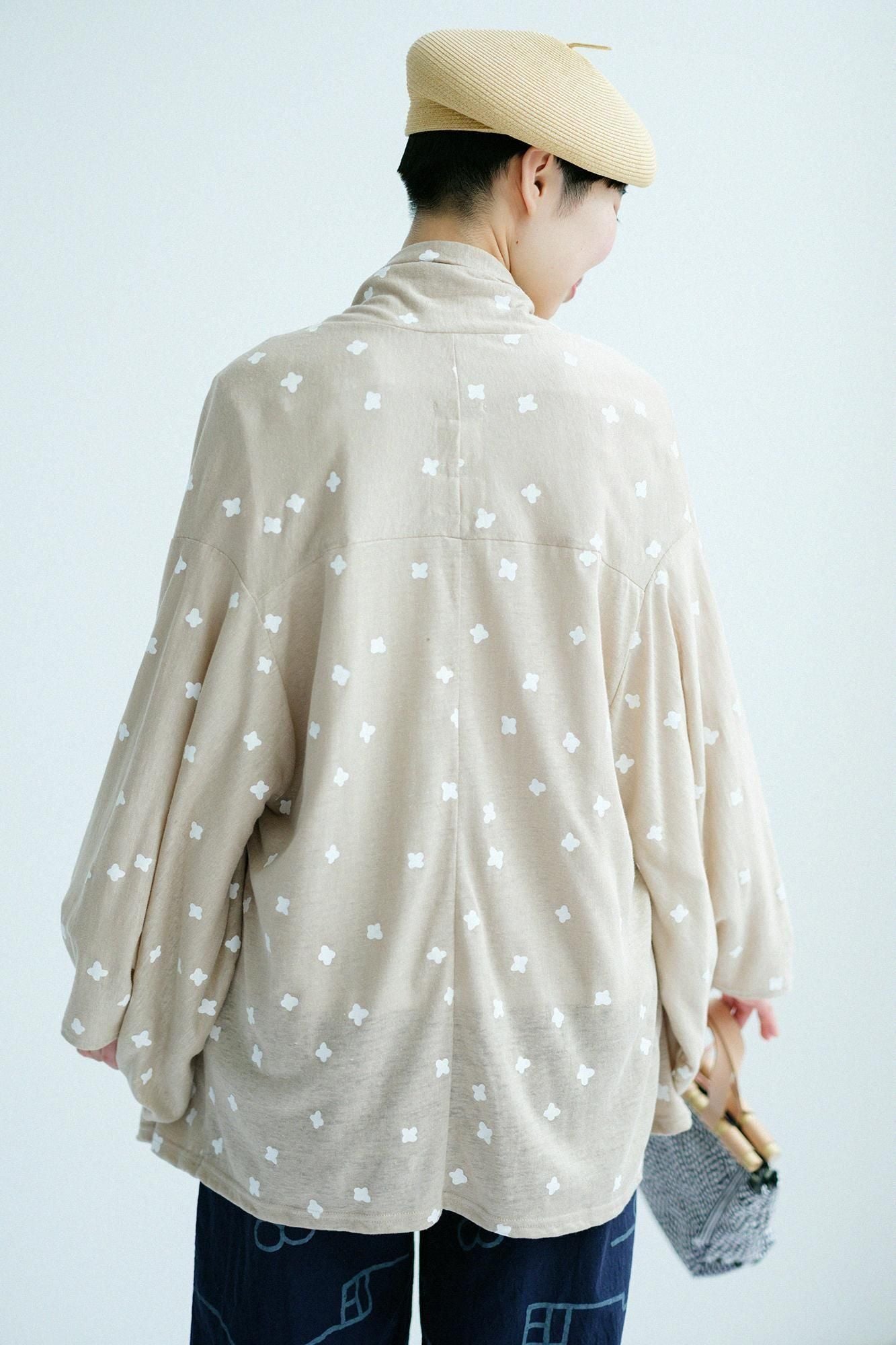 Cotton-linen Blend(Menasa) Knit(Ami) Kimono Sleeve Cardigan(childsignDesaya)/Small Scattered Flowers Beige