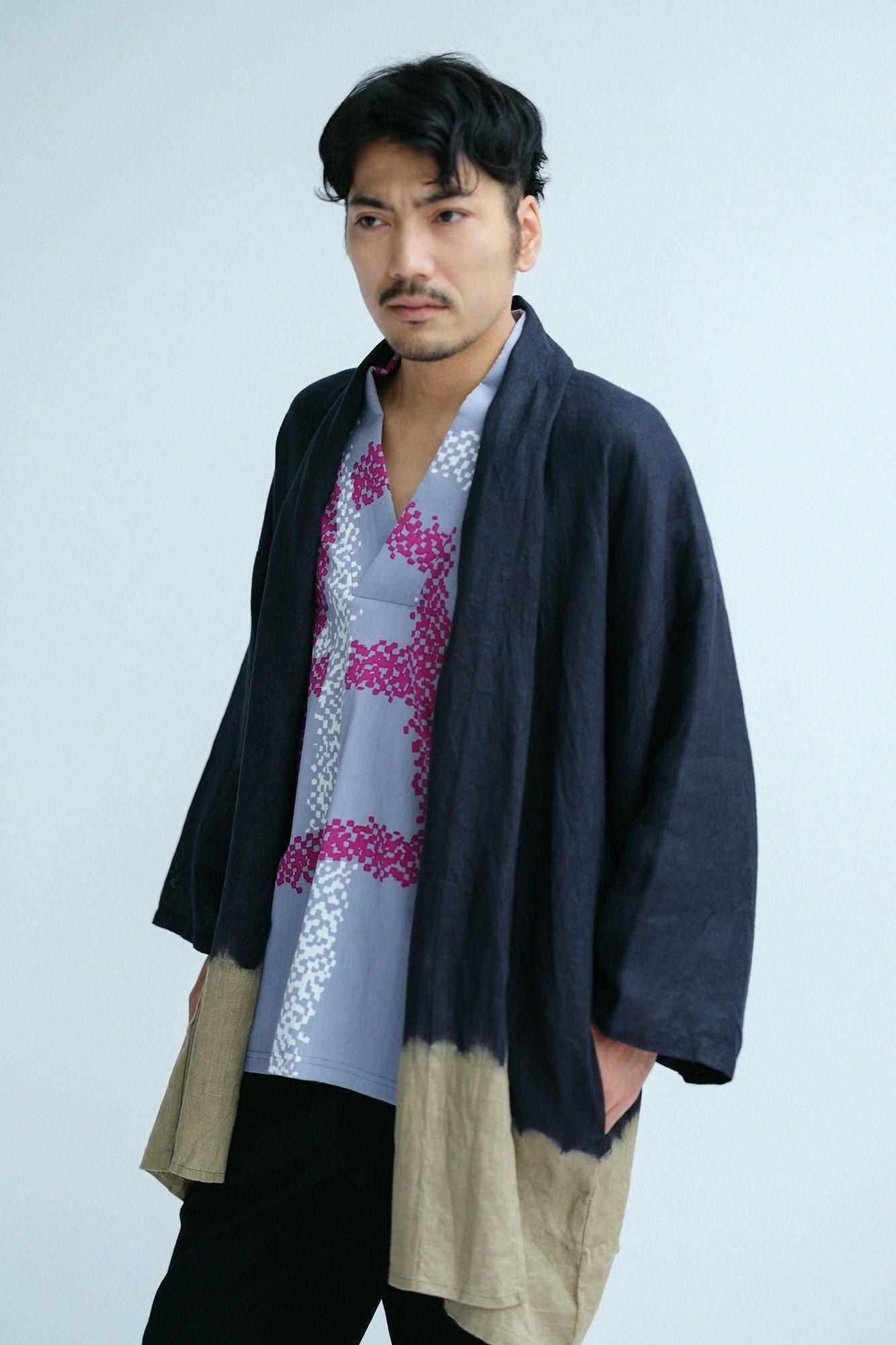 近清紮染 麻紗 梯形袖 短外套 单/单。分層染 黑色×亞麻色