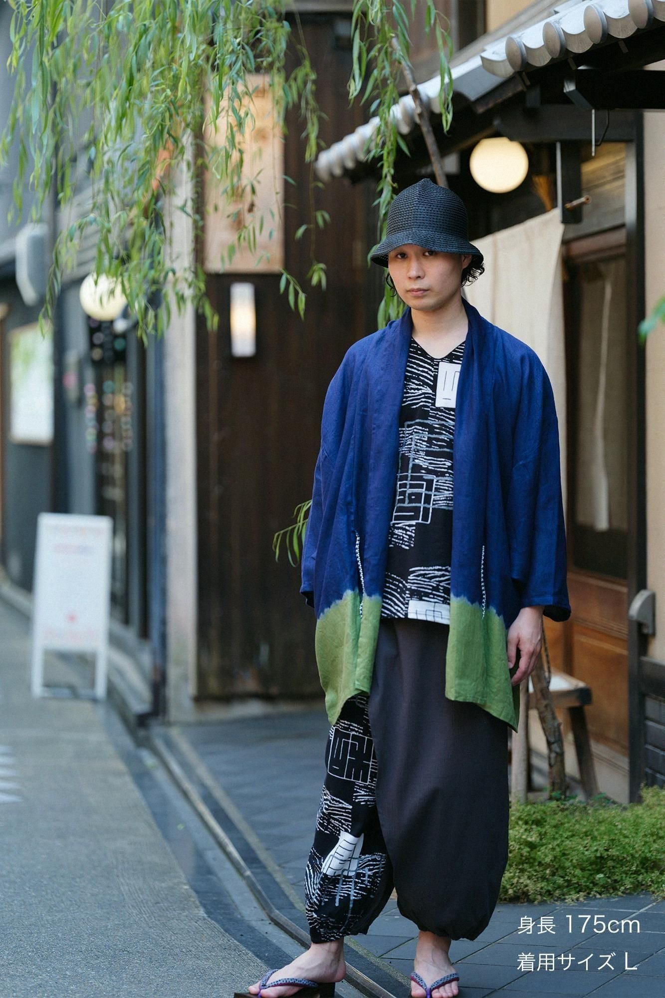 【官網限定】近清紮染 麻紗 梯形袖 短外套 單層/分層染深藍色×紅色