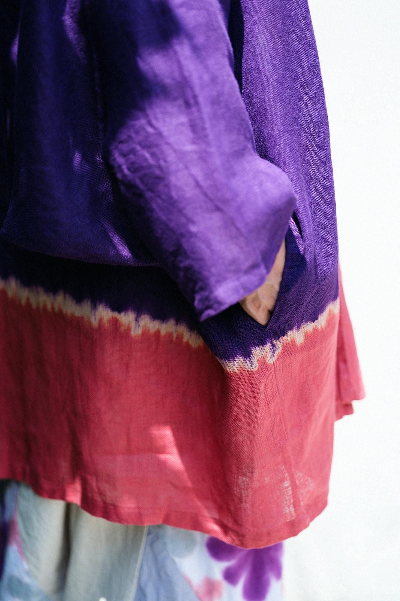 【官網限定】近清紮染 麻紗 梯形袖 短外套 單層/分層染 深紫色×紫紅色