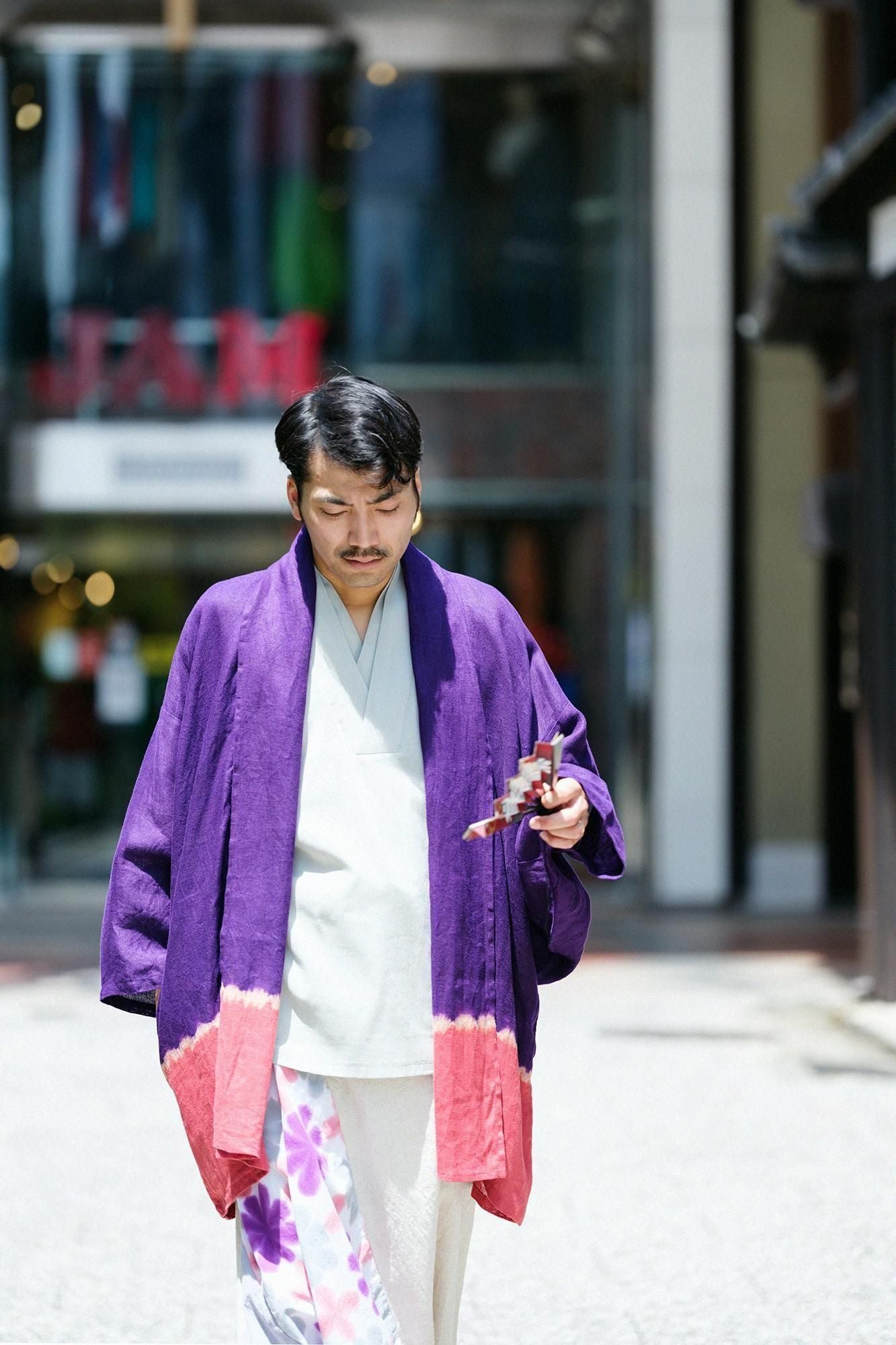 【官網限定】近清紮染 麻紗 梯形袖 短外套 單層/分層染 深紫色×紫紅色