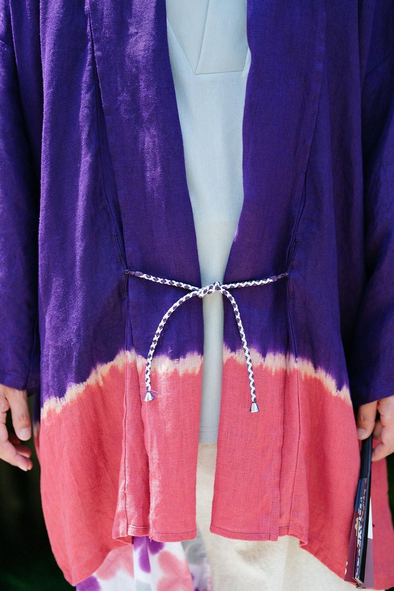 【官網限定】近清紮染 麻紗 梯形袖 短外套 單層/分層染 深紫色×紫紅色