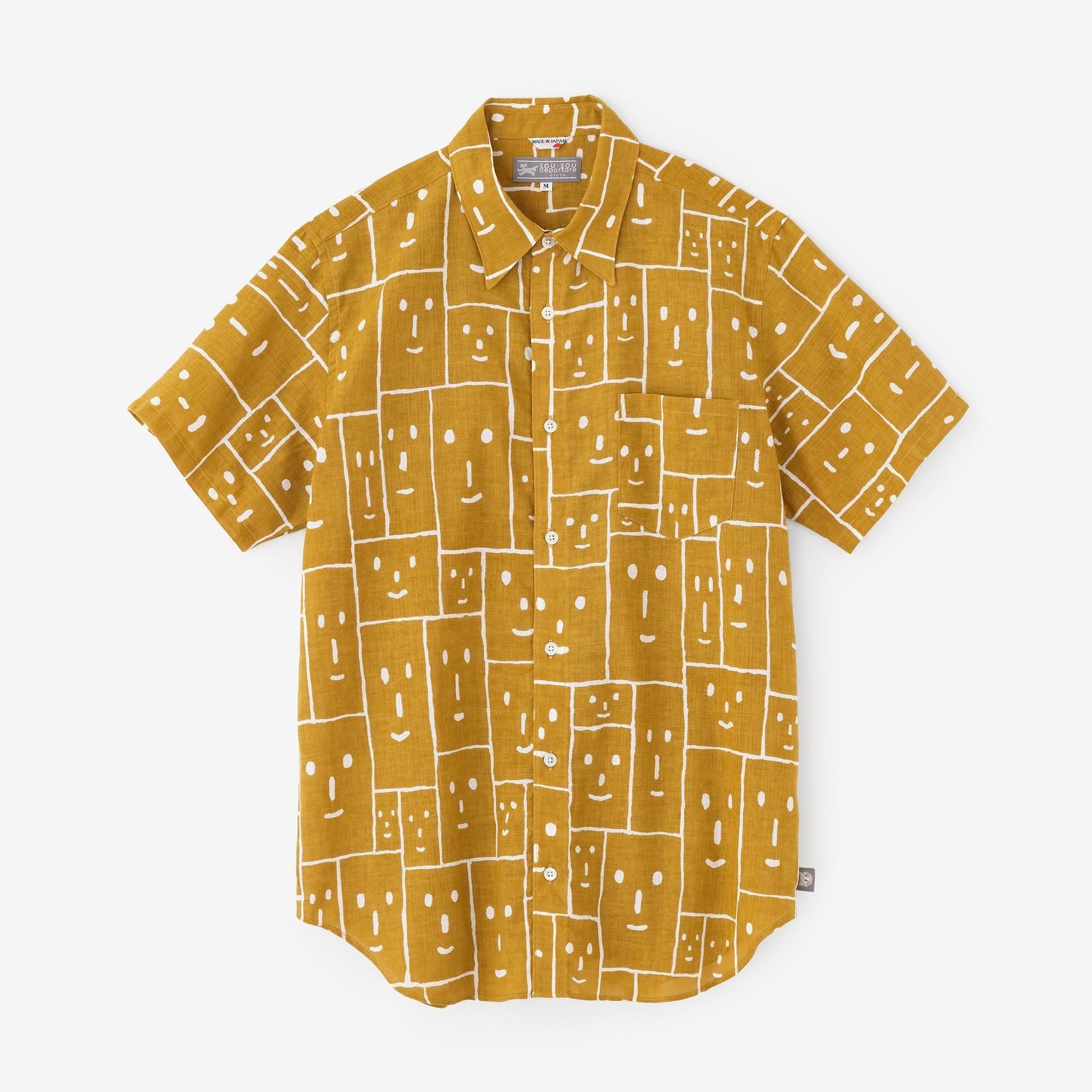 【net limited】Isemomen Cotton Bun / Short Sleeve Shirt Smile Faces Mustard Color