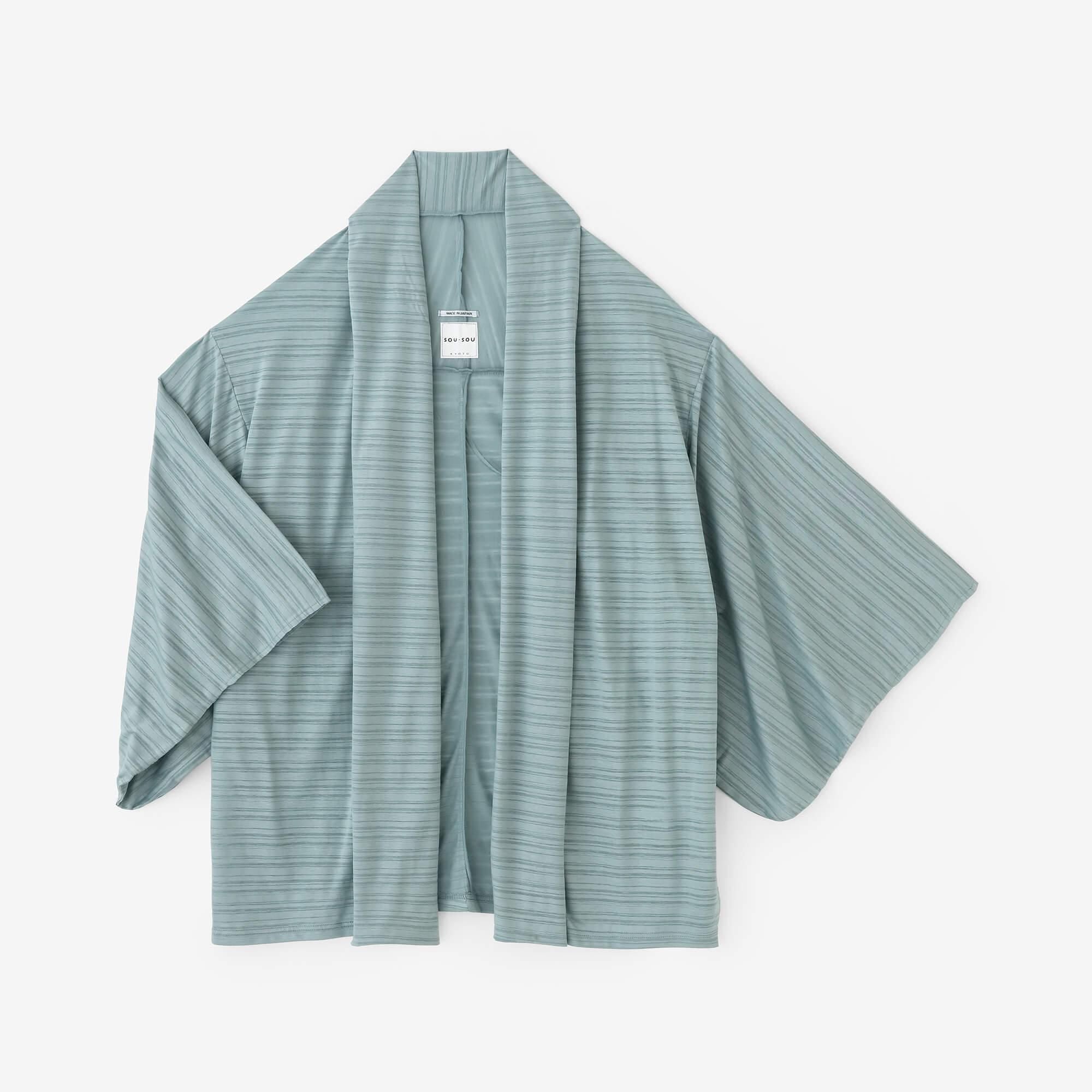 GIZA x Lyocell Jacquard Kimono Sleeve Cardigan / Blue Green Stripes