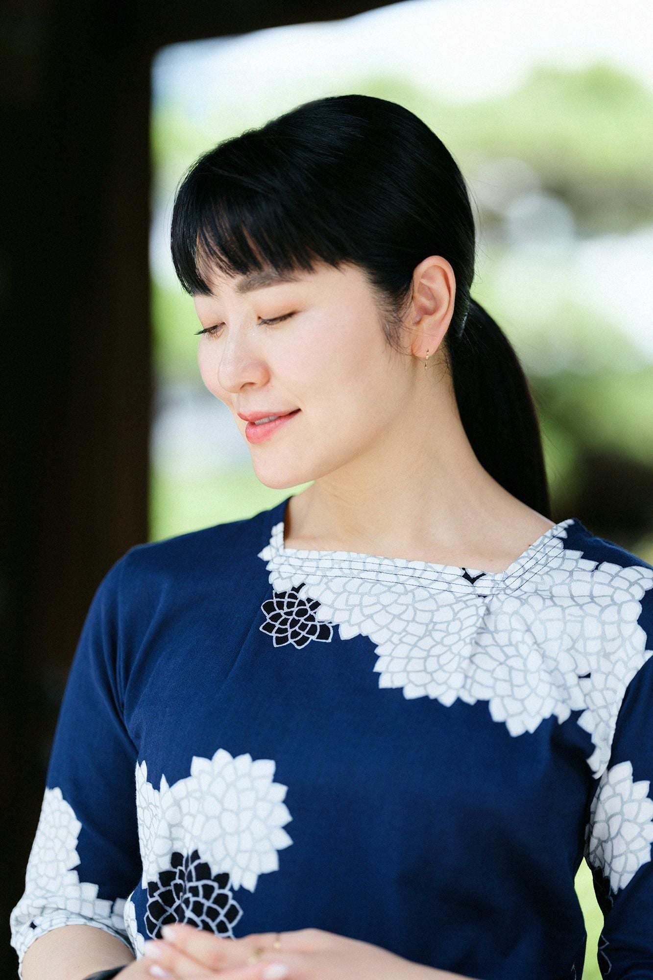 高島縮棉 40/40 方領上衣 六分袖/雲間菊 良夜